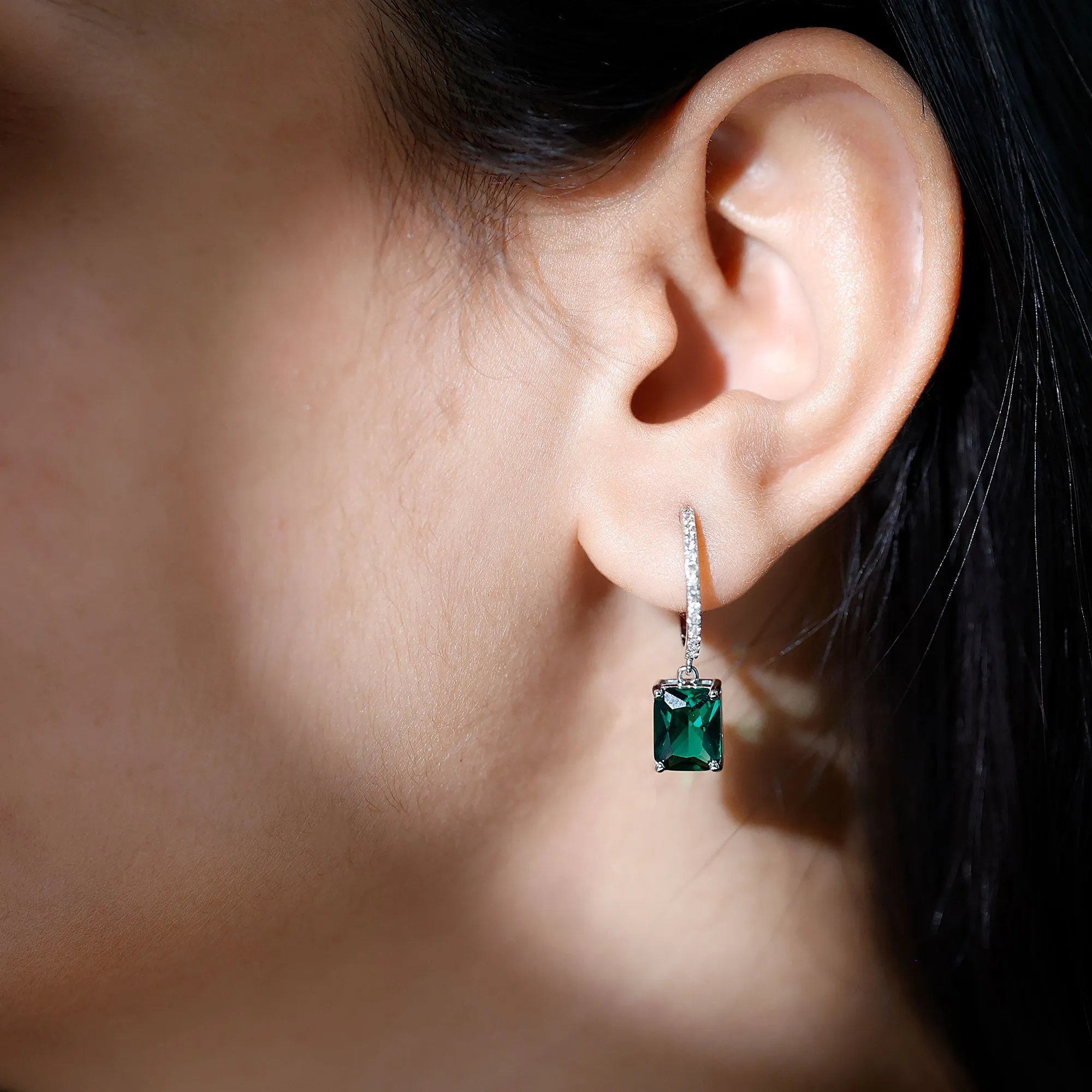 5 CT Octagon Cut Created Emerald Hoop Drop Earrings with Diamond