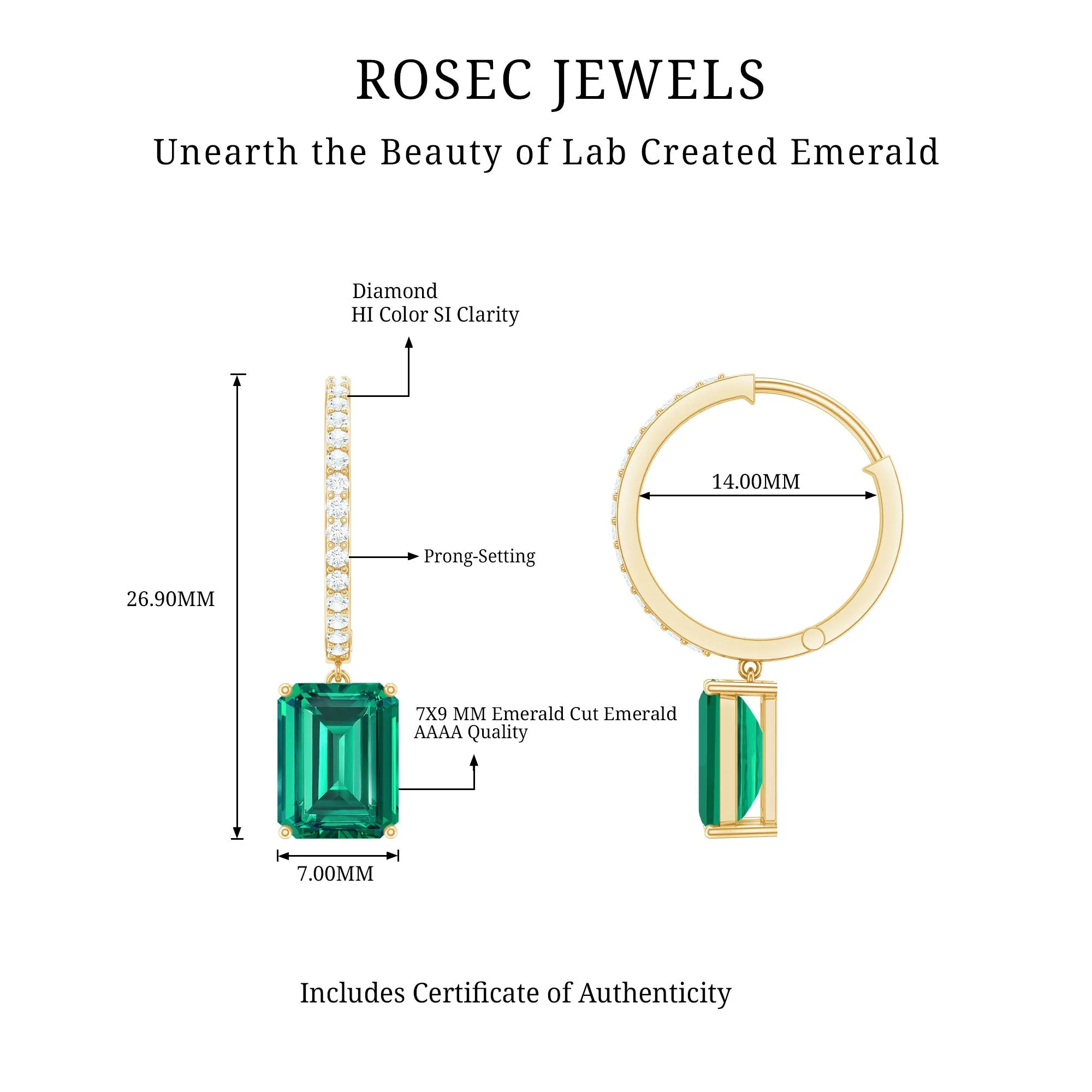 5 CT Octagon Cut Created Emerald Hoop Drop Earrings with Diamond