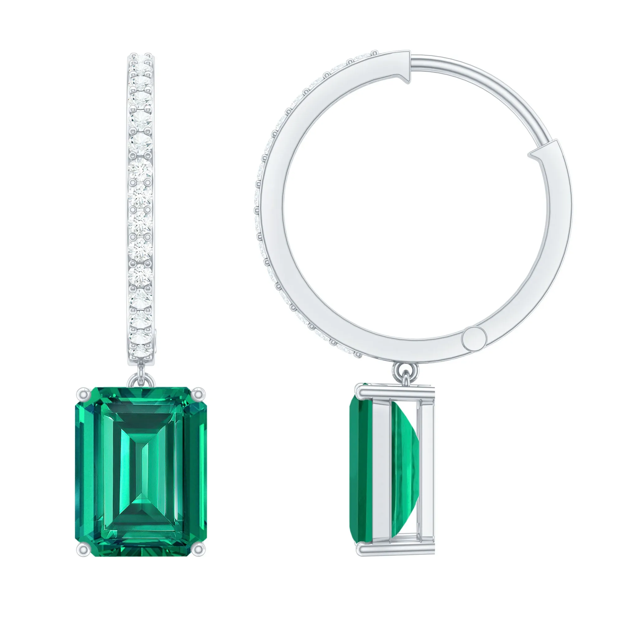 5 CT Octagon Cut Created Emerald Hoop Drop Earrings with Diamond