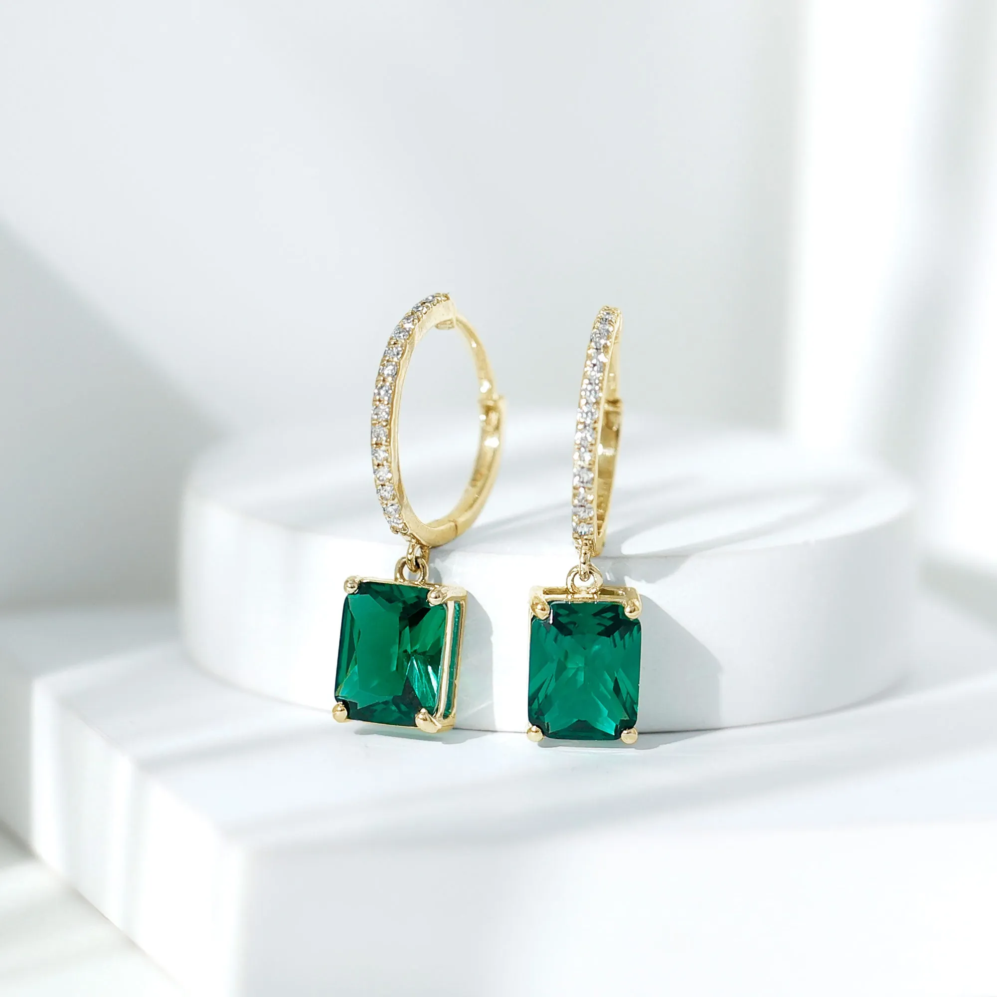 5 CT Octagon Cut Created Emerald Hoop Drop Earrings with Diamond