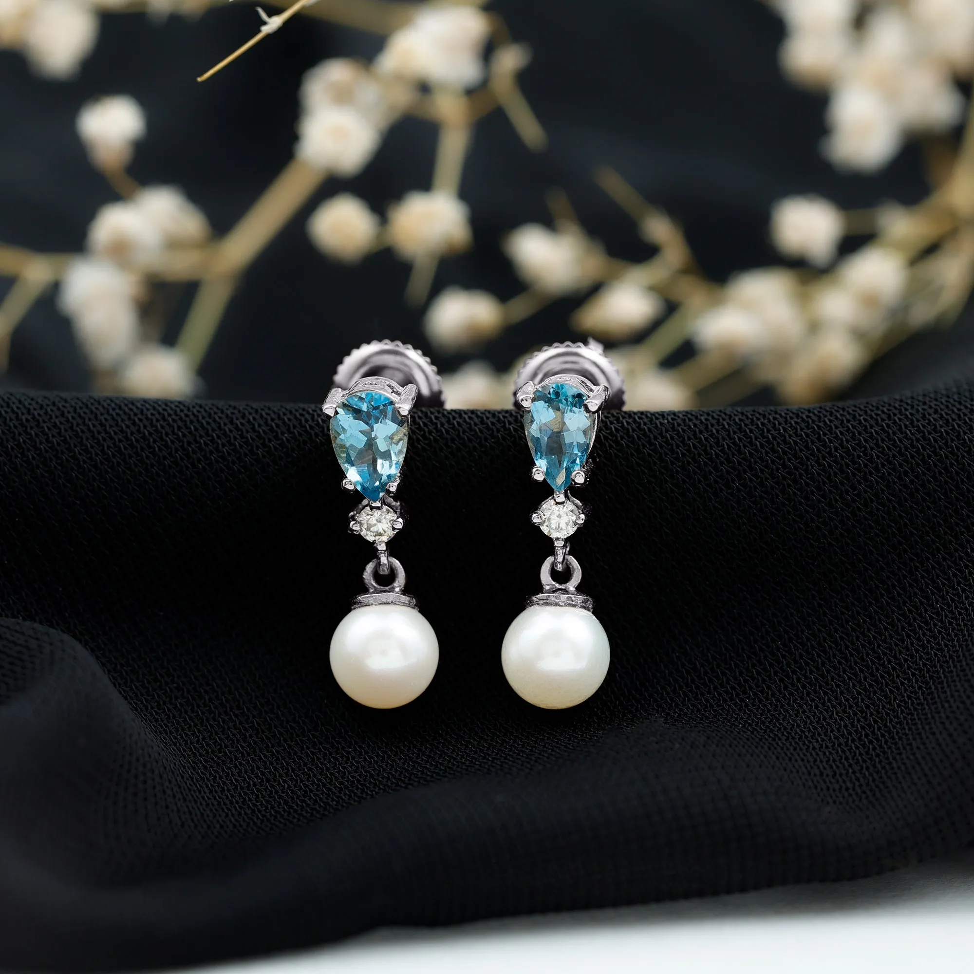 5.25 CT Aquamarine and Moissanite Dangle Earrings with Freshwater Pearl Drop