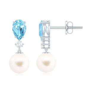 5.25 CT Aquamarine and Moissanite Dangle Earrings with Freshwater Pearl Drop