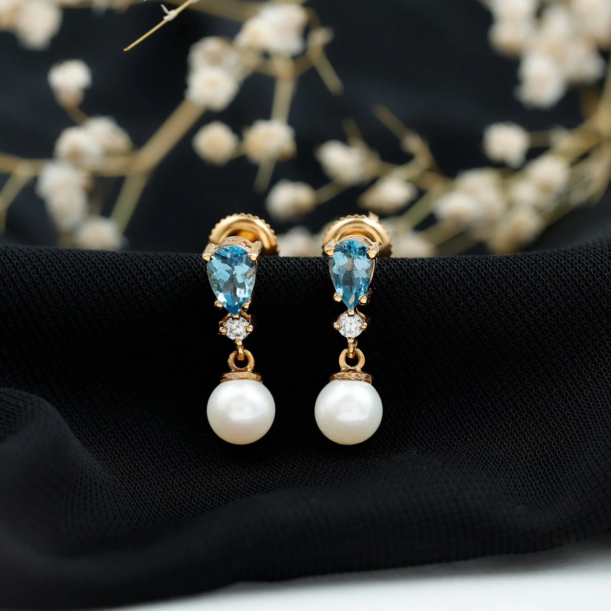 5.25 CT Aquamarine and Moissanite Dangle Earrings with Freshwater Pearl Drop