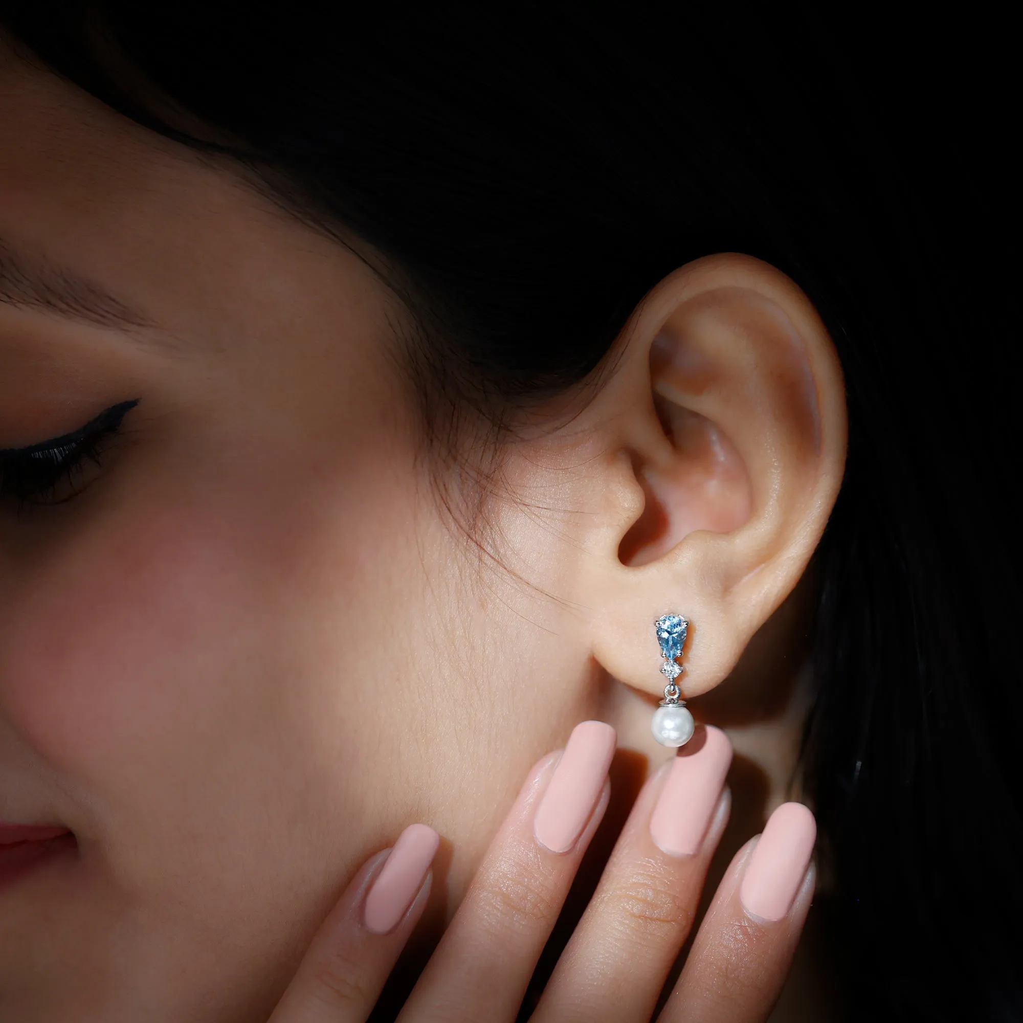5.25 CT Aquamarine and Moissanite Dangle Earrings with Freshwater Pearl Drop