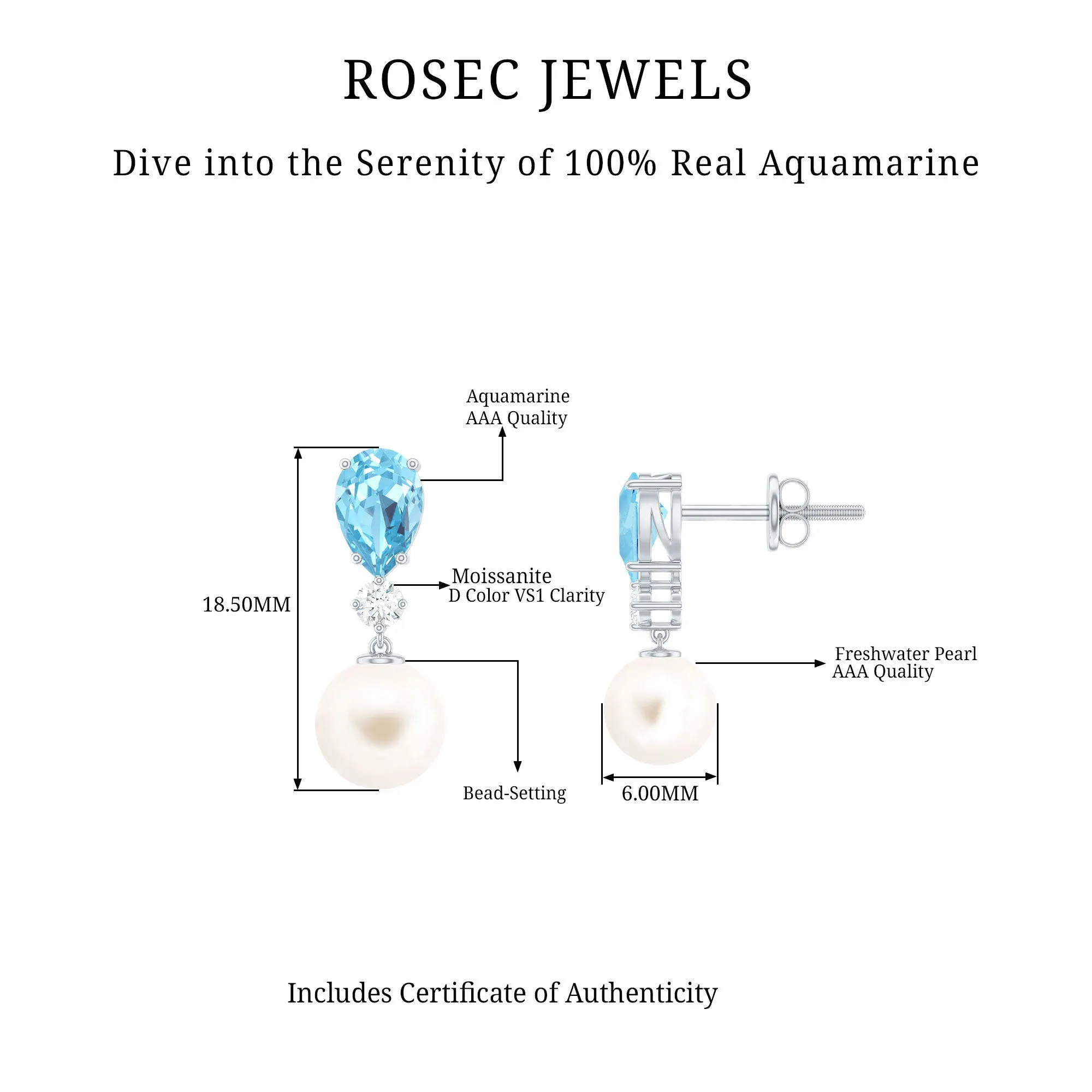 5.25 CT Aquamarine and Moissanite Dangle Earrings with Freshwater Pearl Drop
