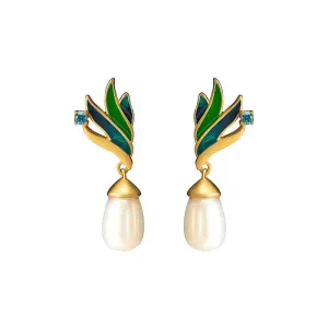 925 Silver Feather Pearl Earrings