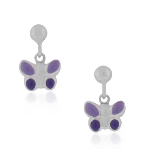 925 Sterling Silver Purple Enamel Butterfly Girls Dangle Drop Earrings