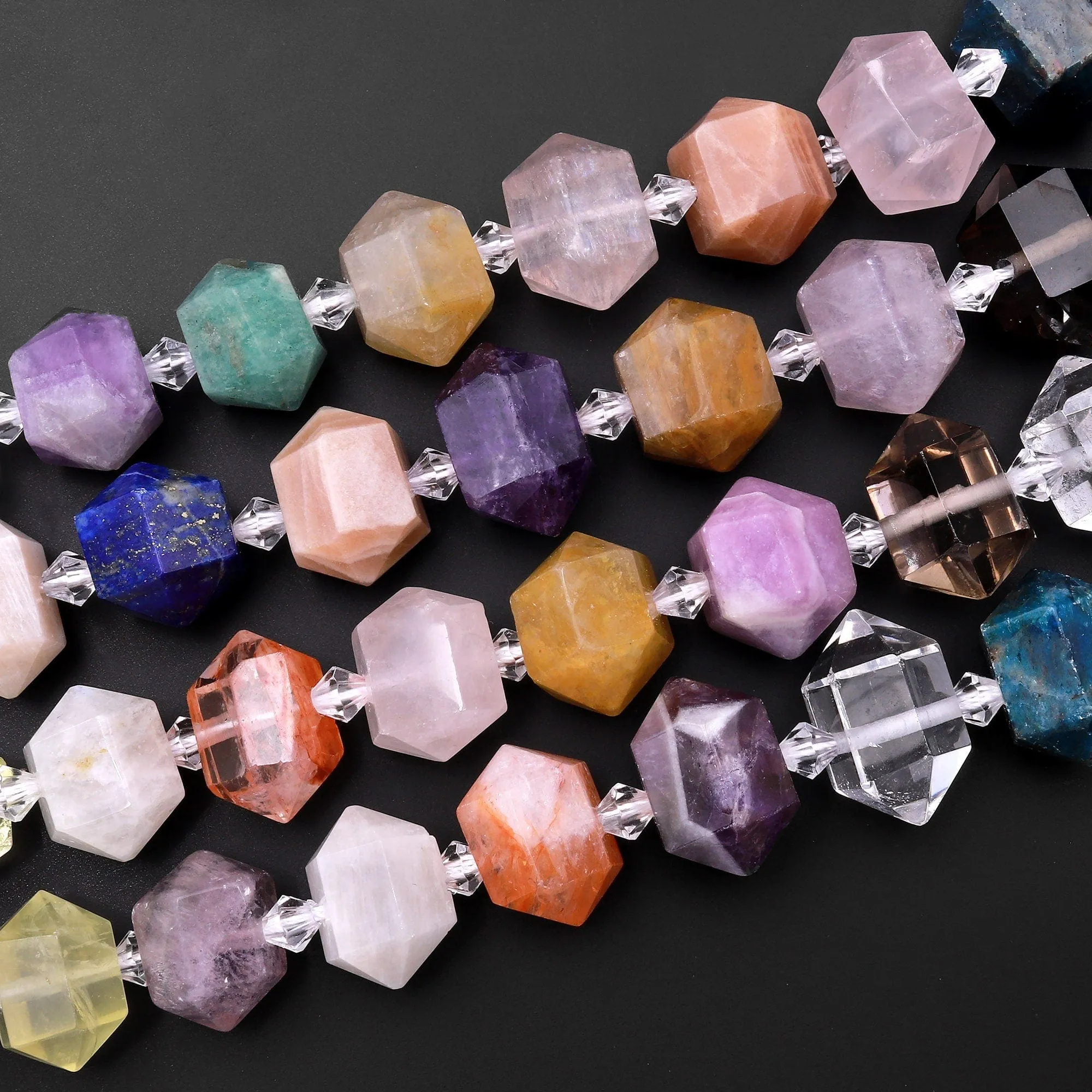 AAA Faceted Double Terminated Natural Gemstone Beads Apatite Quartz Lepidolite Amethyst Amazonite Lapis Moonstone 15" Strand