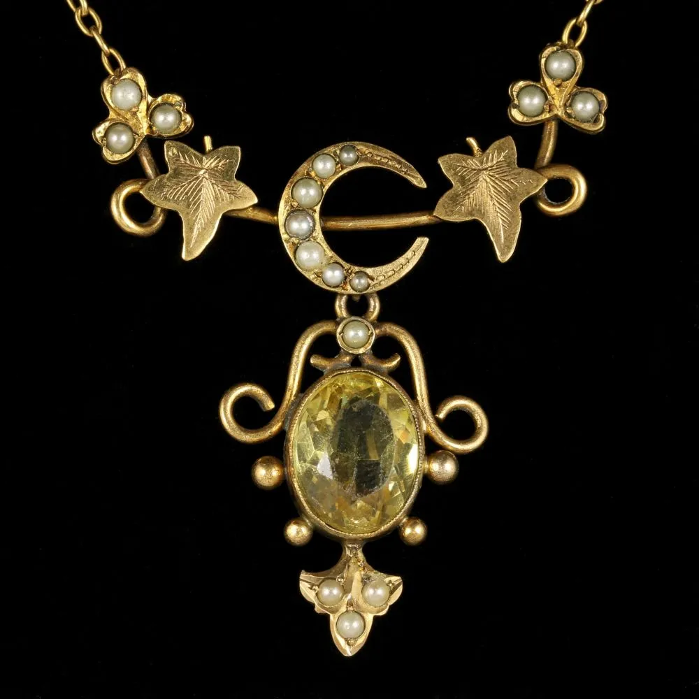 Antique Victorian Citrine Pearl Necklace Gold Cased Circa 1900