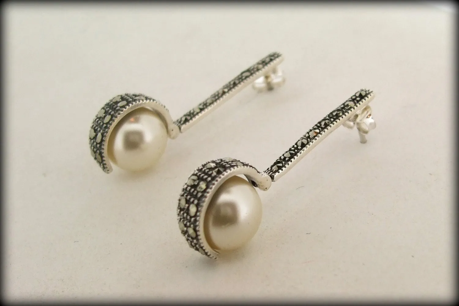 Art Deco style pearl ball  Silver Marcasite Earrings