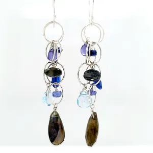 AVF Silver Labradorite, Kyanite, Tanzanite, Blue Topaz & Moss Aqua Loop Long Dangle Earrings (SI3741)
