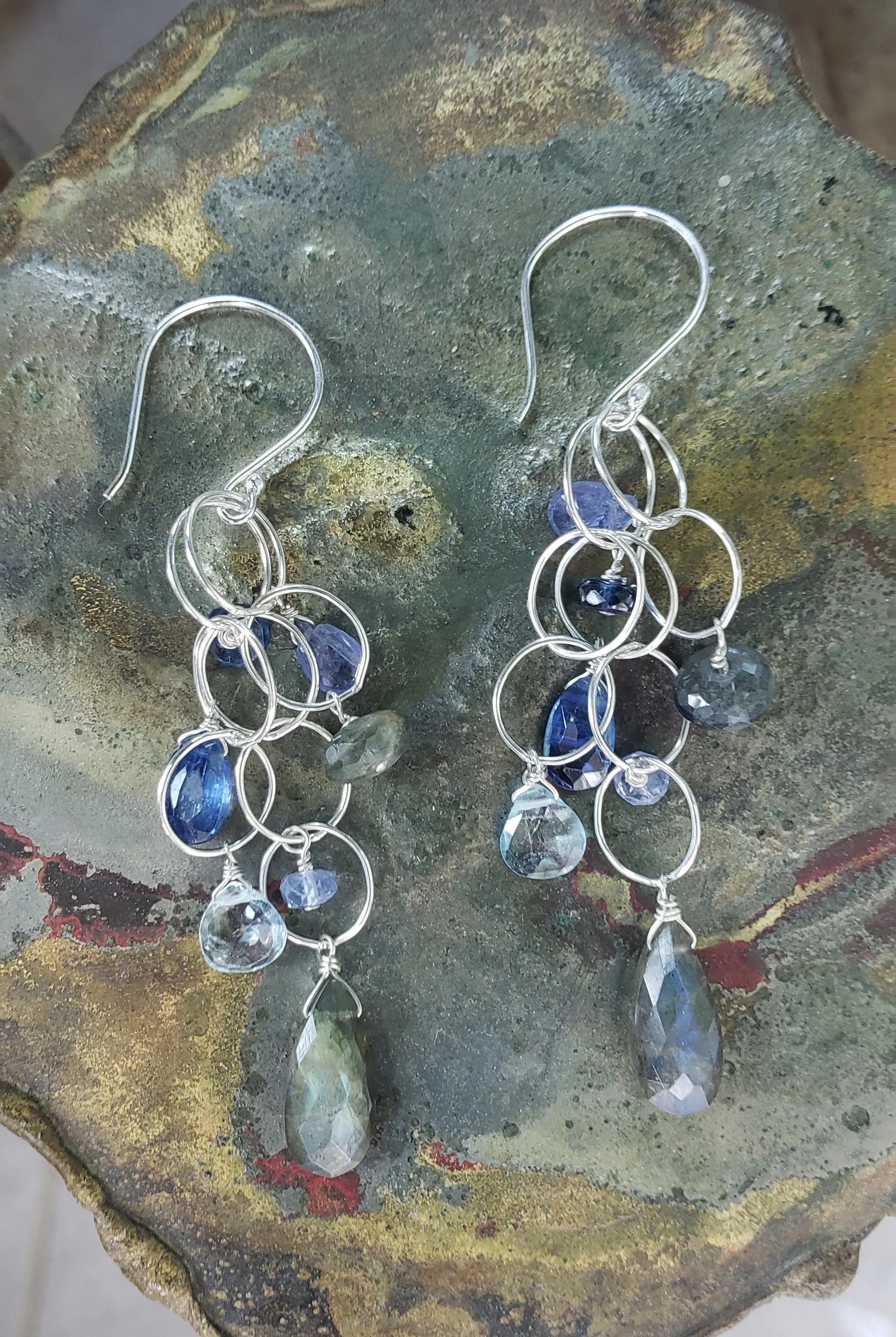 AVF Silver Labradorite, Kyanite, Tanzanite, Blue Topaz & Moss Aqua Loop Long Dangle Earrings (SI3741)