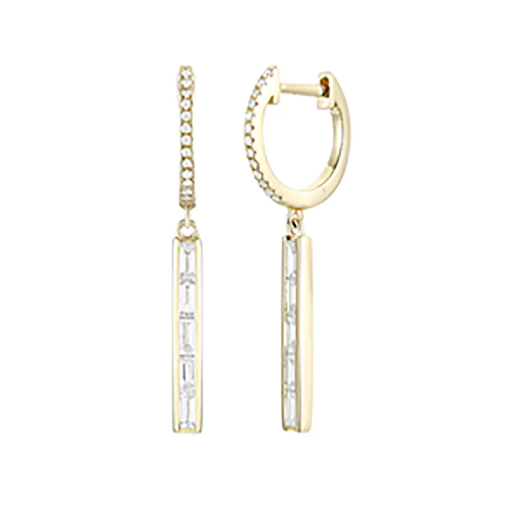Baguette Diamond Dangling Huggie Earrings 12mm huggies, 15mm long