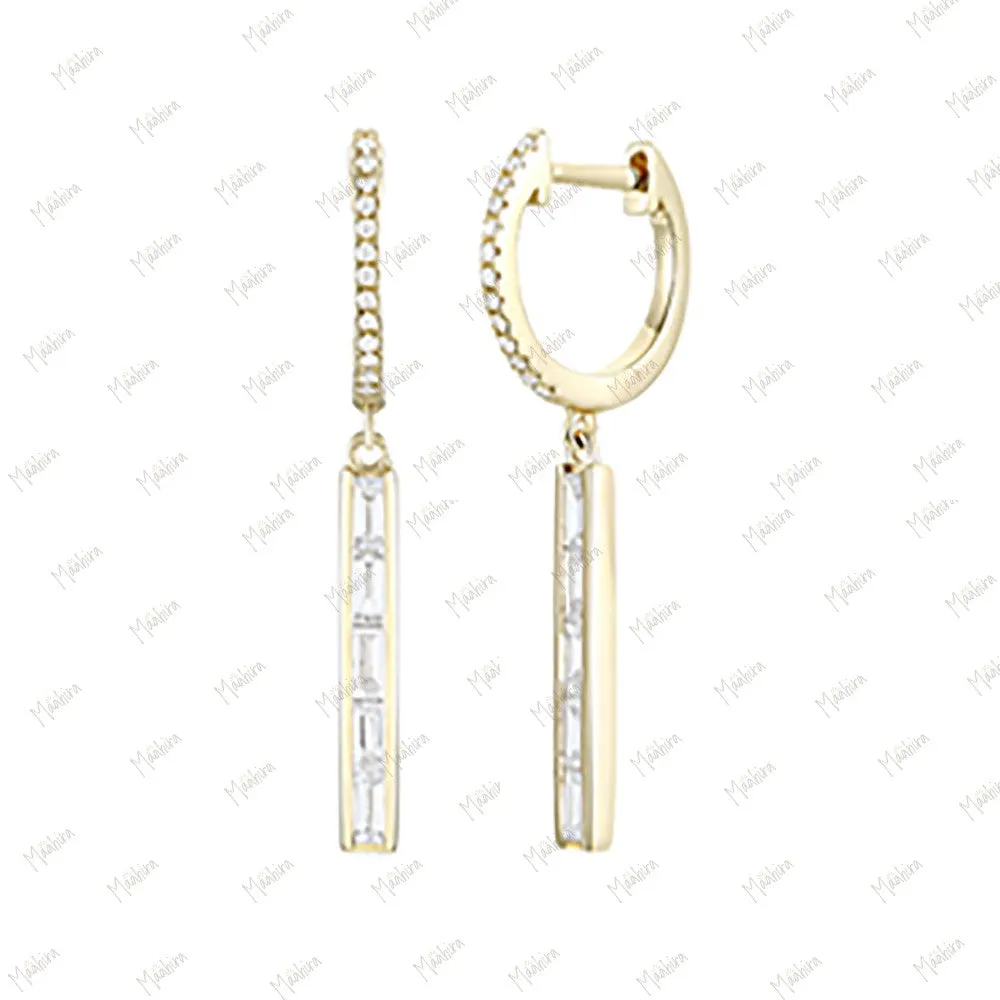 Baguette Diamond Dangling Huggie Earrings 12mm huggies, 15mm long