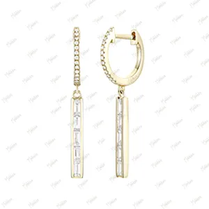 Baguette Diamond Dangling Huggie Earrings 12mm huggies, 15mm long
