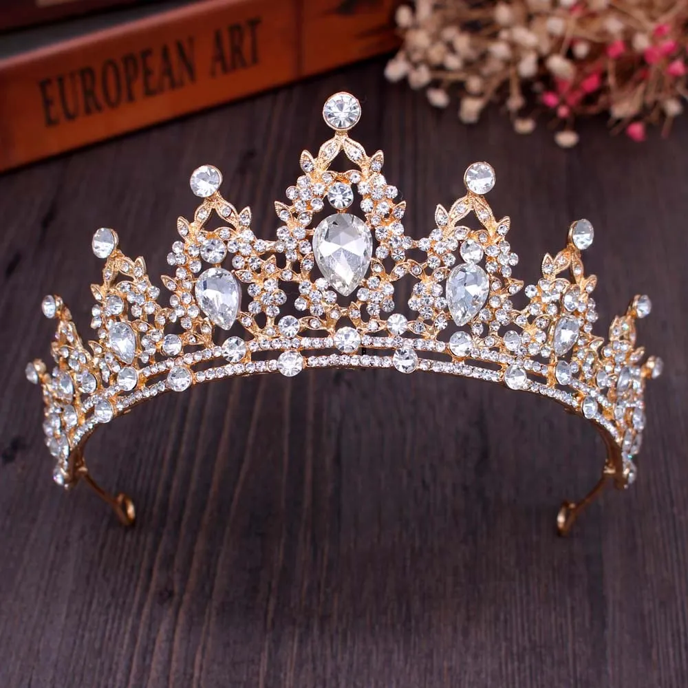 Baroque Luxury Crystal AB Bridal Crown Tiara Light Gold Color Diadem Tiaras Bride Wedding Hair Accessories