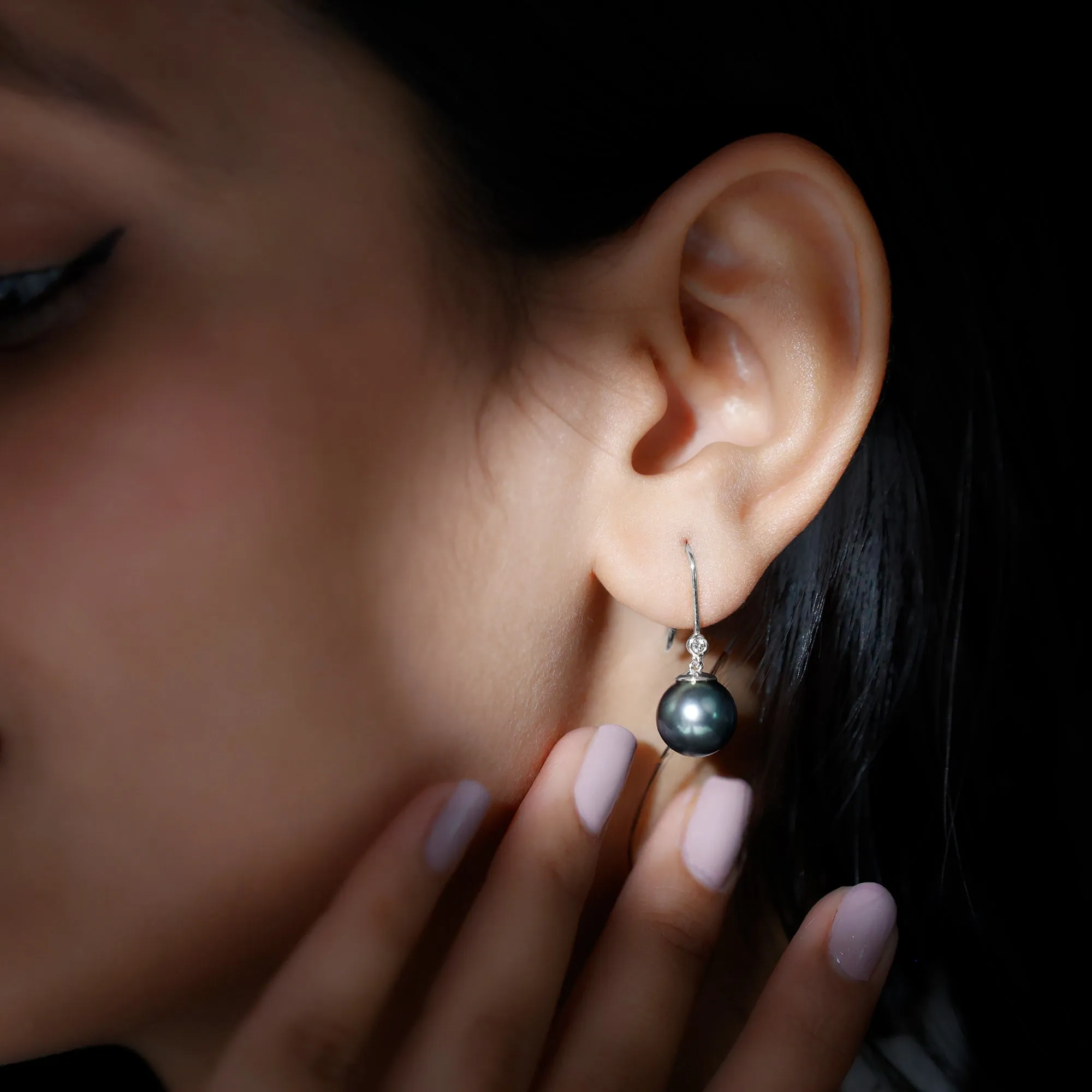 Black Tahitian Pearl Drop Earrings with Moissanite
