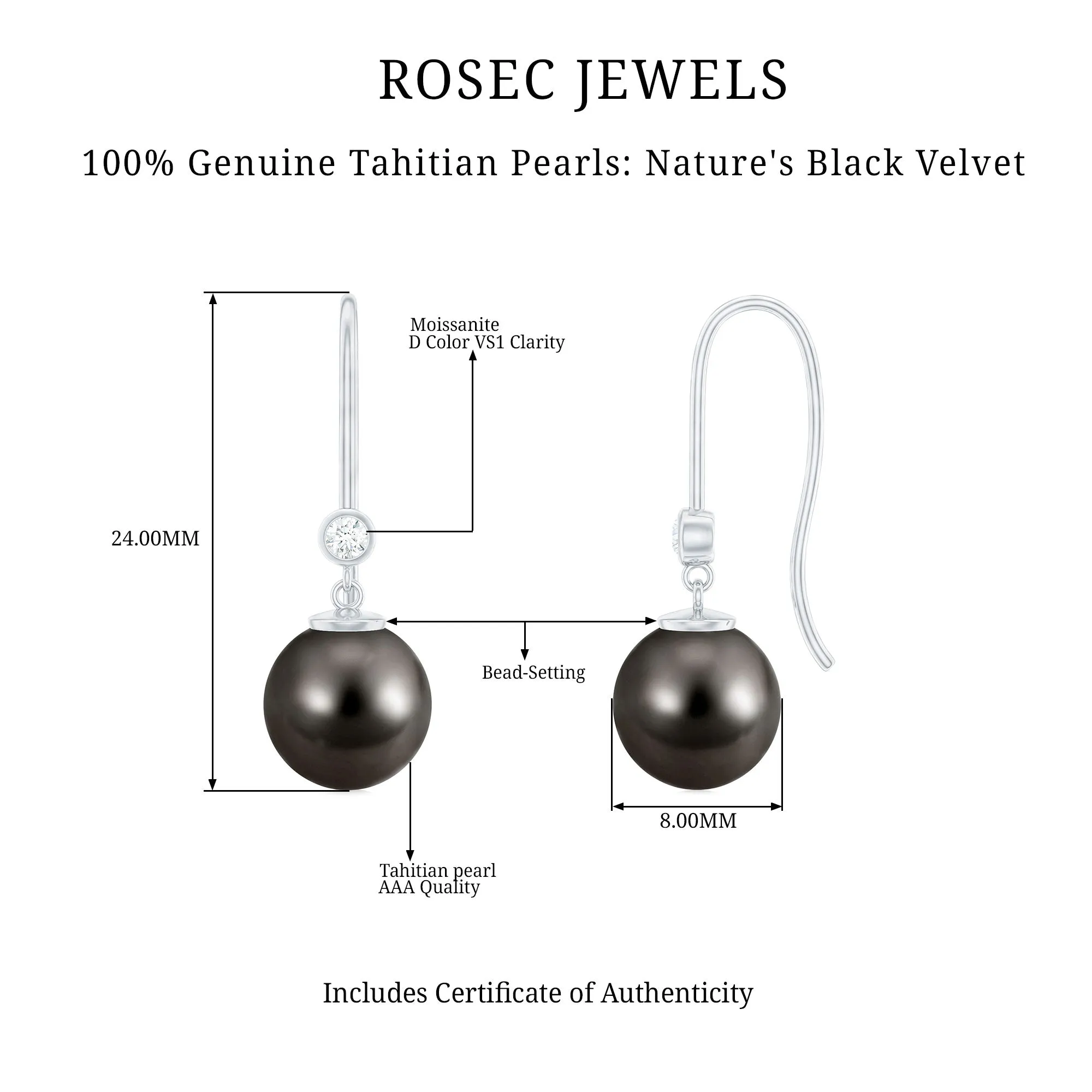 Black Tahitian Pearl Drop Earrings with Moissanite