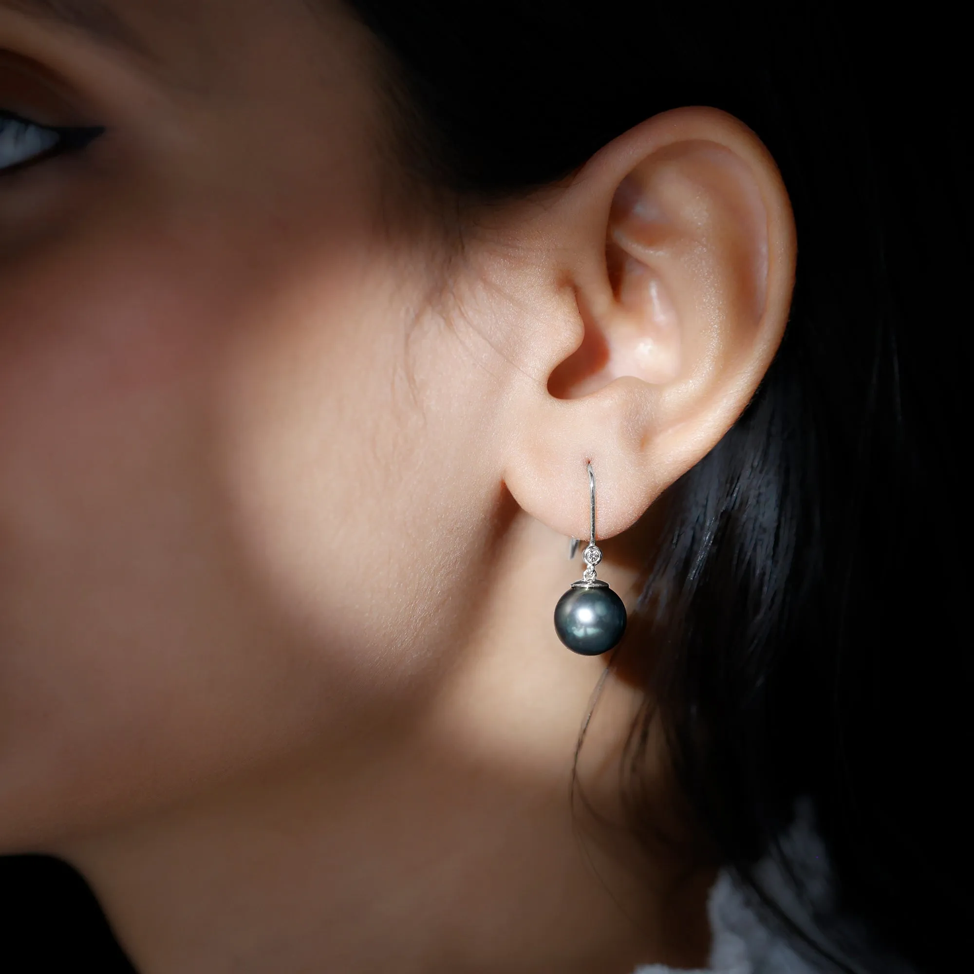 Black Tahitian Pearl Drop Earrings with Moissanite