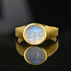 Carved Man in the Moon Moonstone Ring in 18K Gold