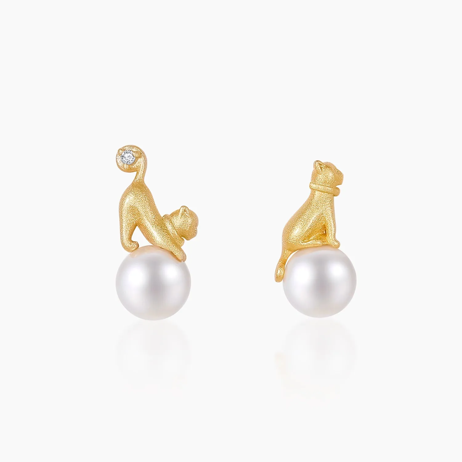 Cat Pearl Earring Studs in Sterling Silver