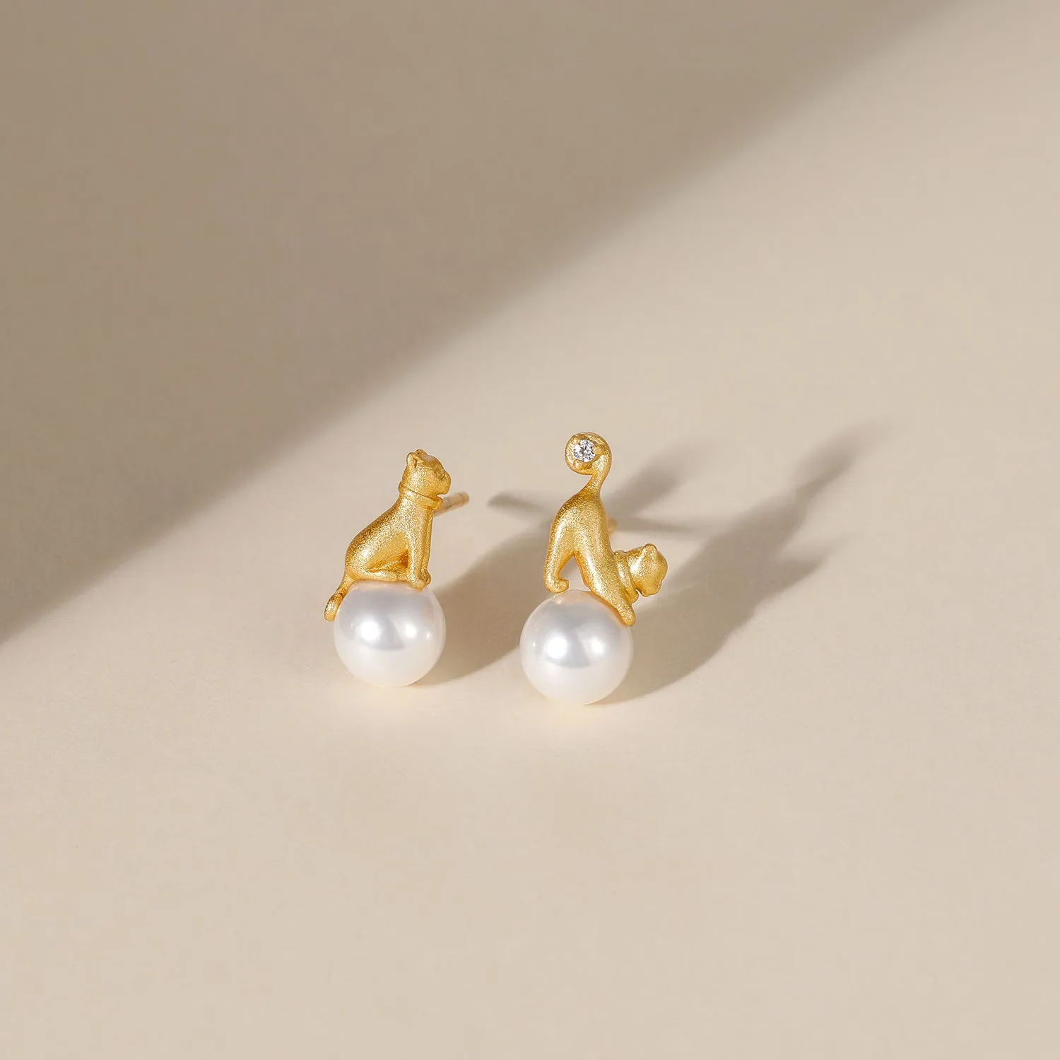 Cat Pearl Earring Studs in Sterling Silver