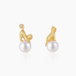 Cat Pearl Earring Studs in Sterling Silver