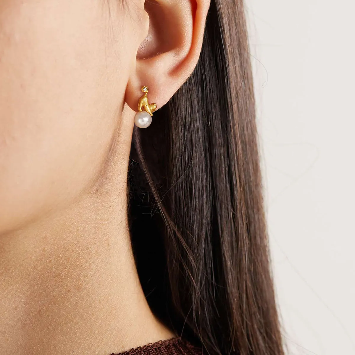 Cat Pearl Earring Studs in Sterling Silver