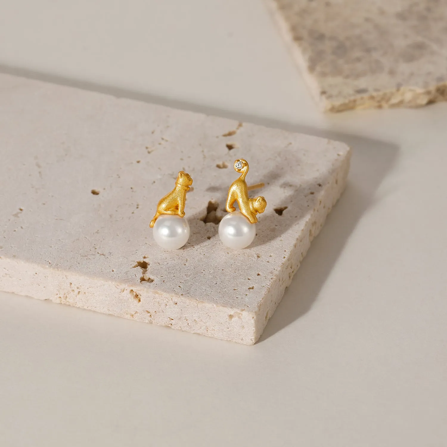 Cat Pearl Earring Studs in Sterling Silver