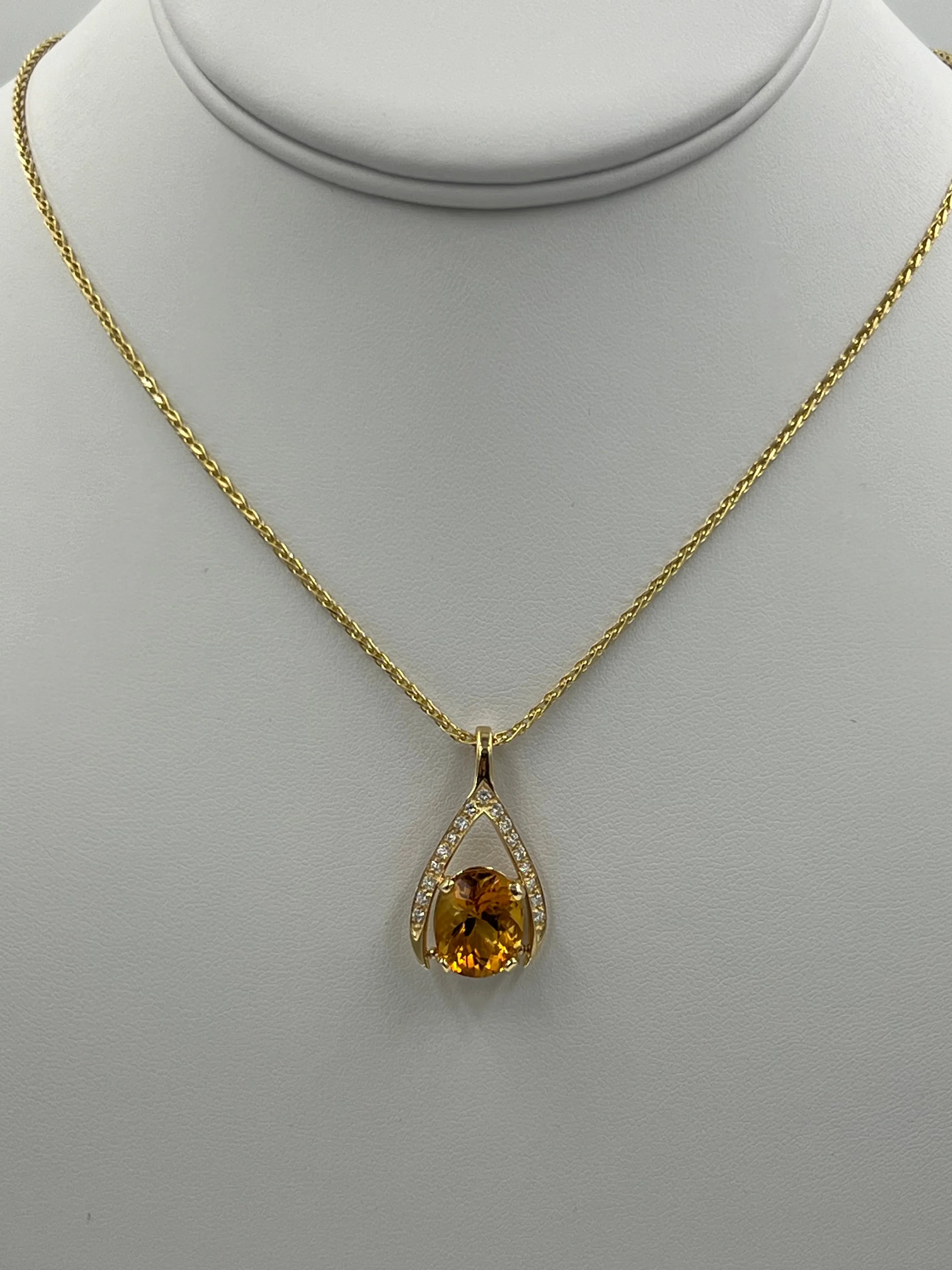 Citrine Diamond Yellow Gold Wishbone Pendant Necklace