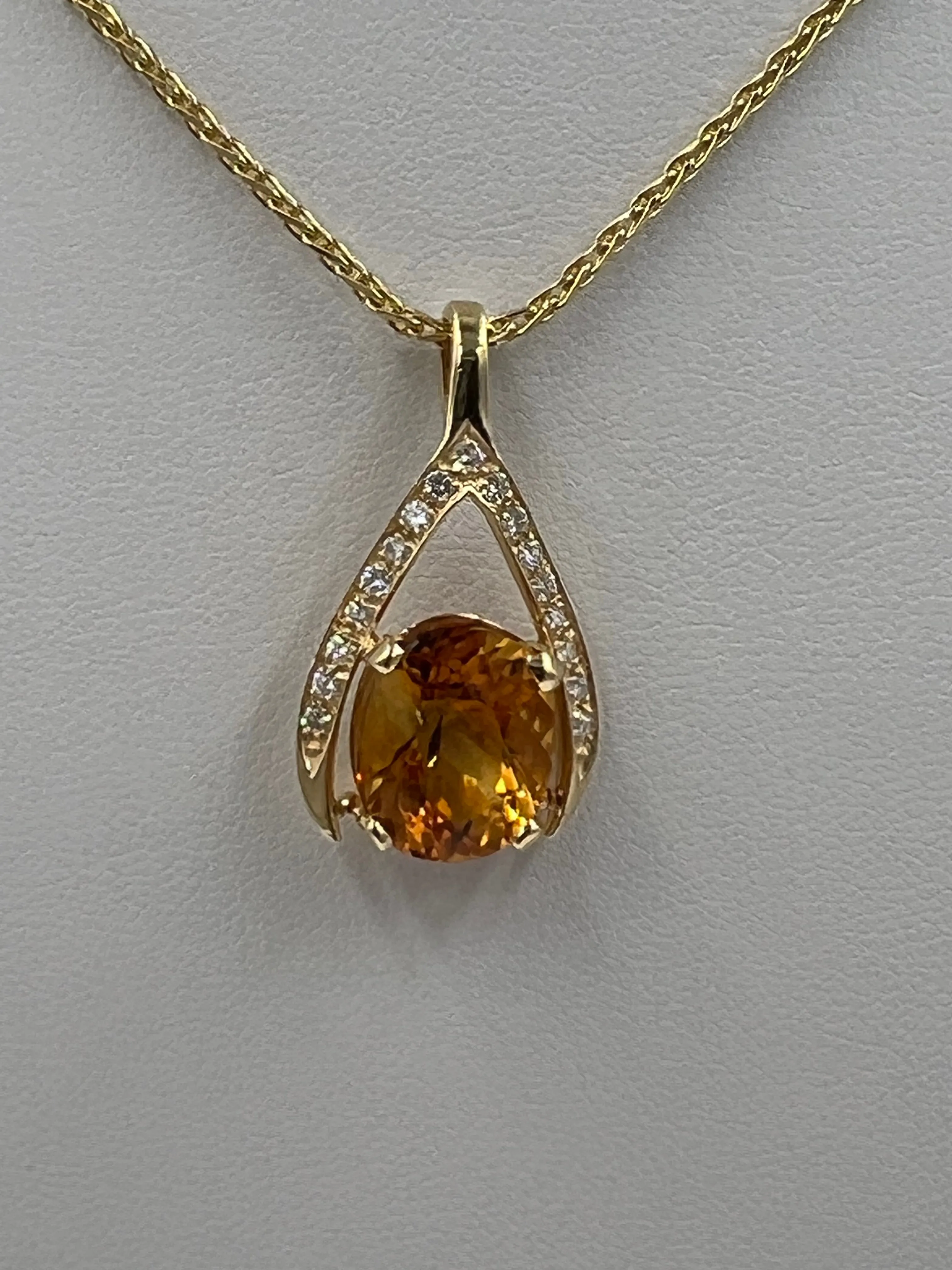 Citrine Diamond Yellow Gold Wishbone Pendant Necklace
