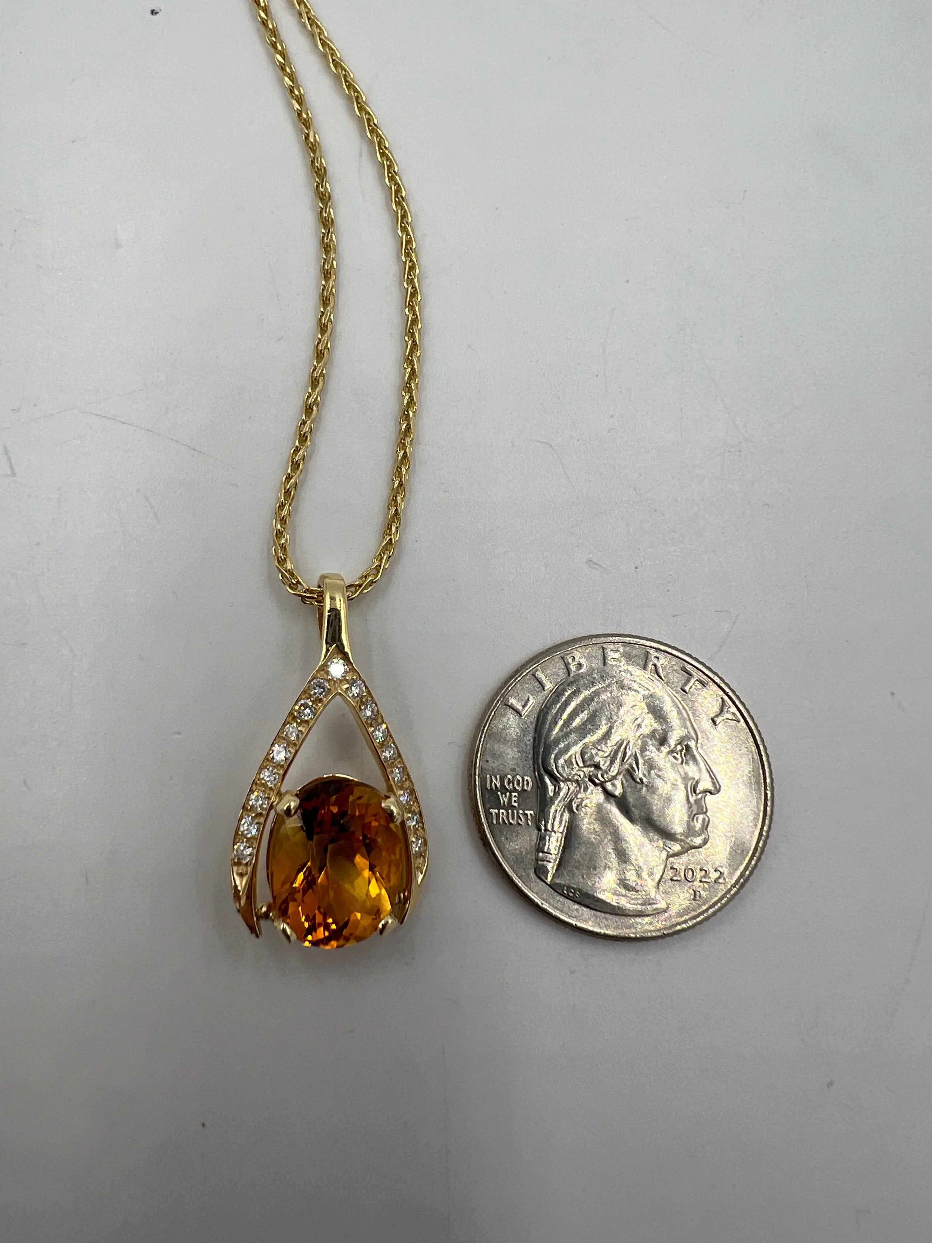 Citrine Diamond Yellow Gold Wishbone Pendant Necklace