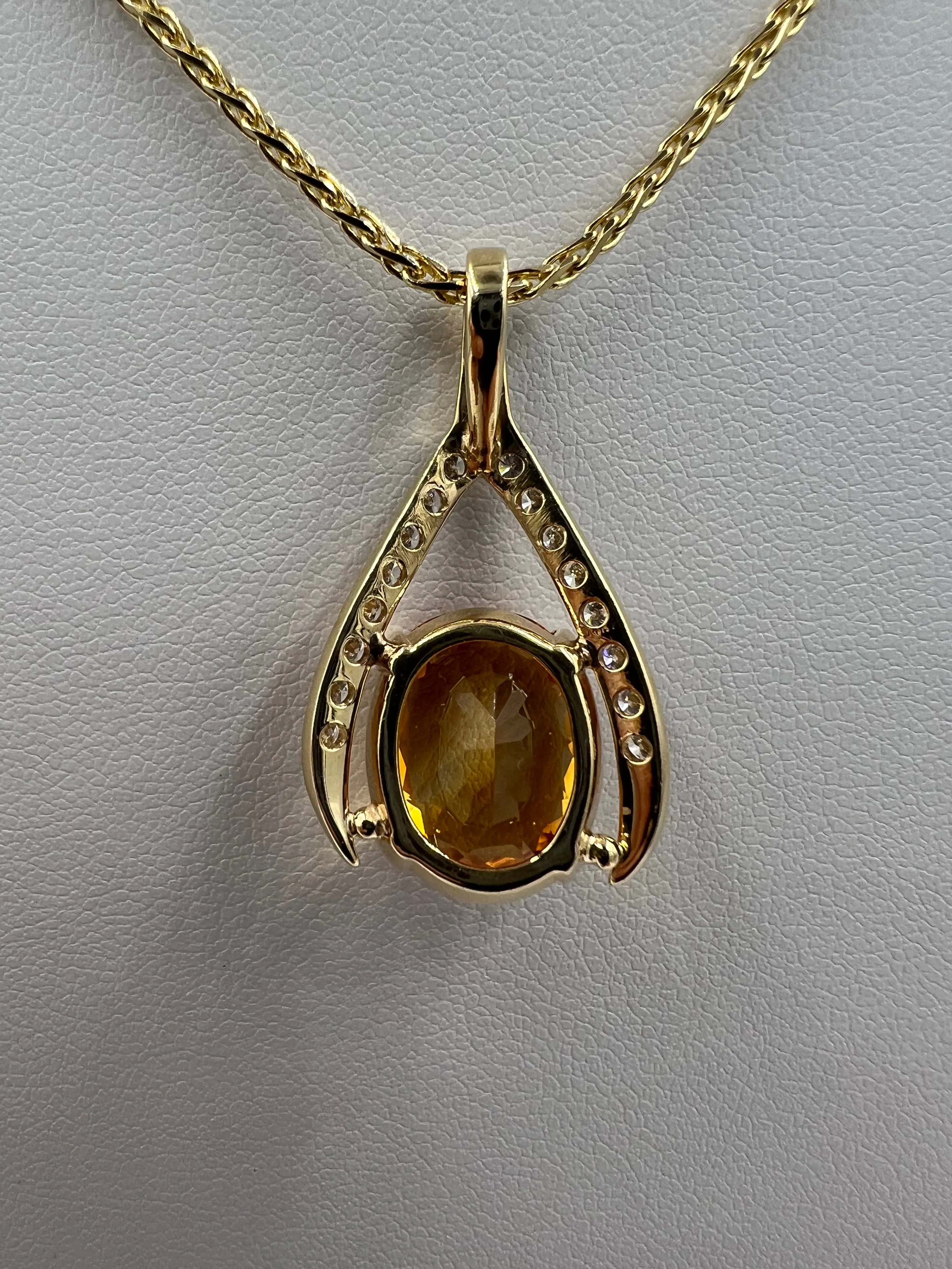 Citrine Diamond Yellow Gold Wishbone Pendant Necklace