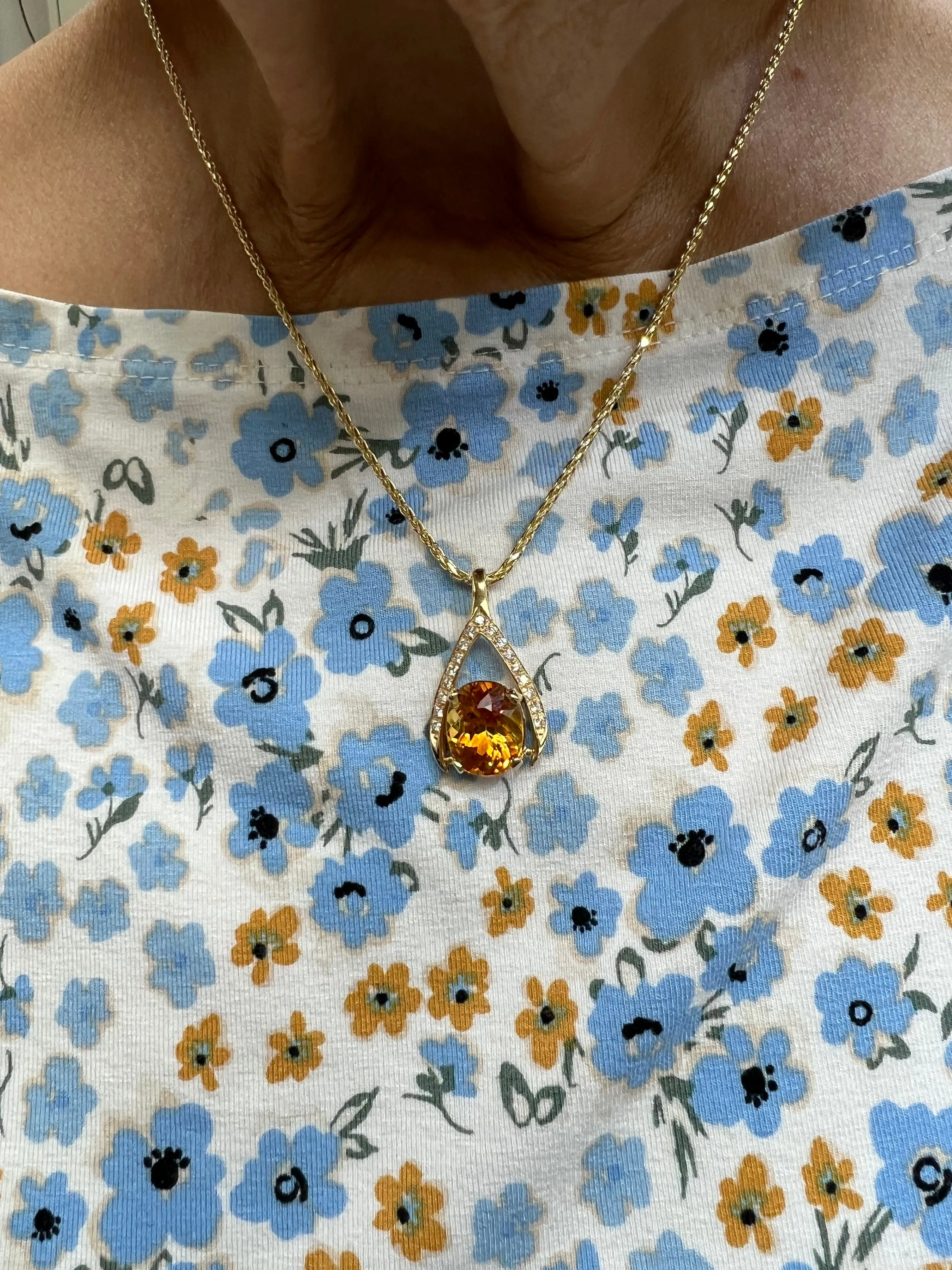Citrine Diamond Yellow Gold Wishbone Pendant Necklace
