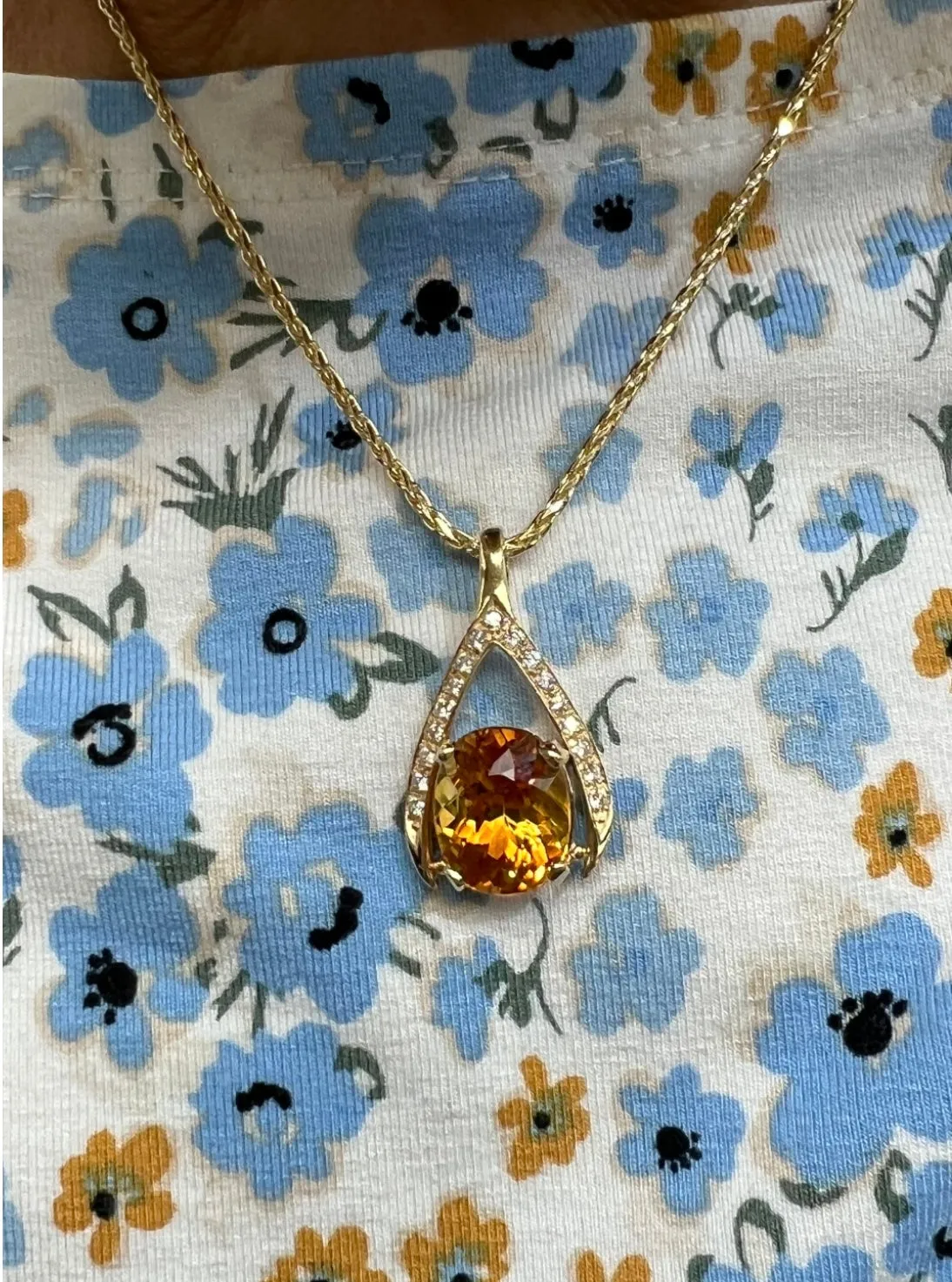 Citrine Diamond Yellow Gold Wishbone Pendant Necklace