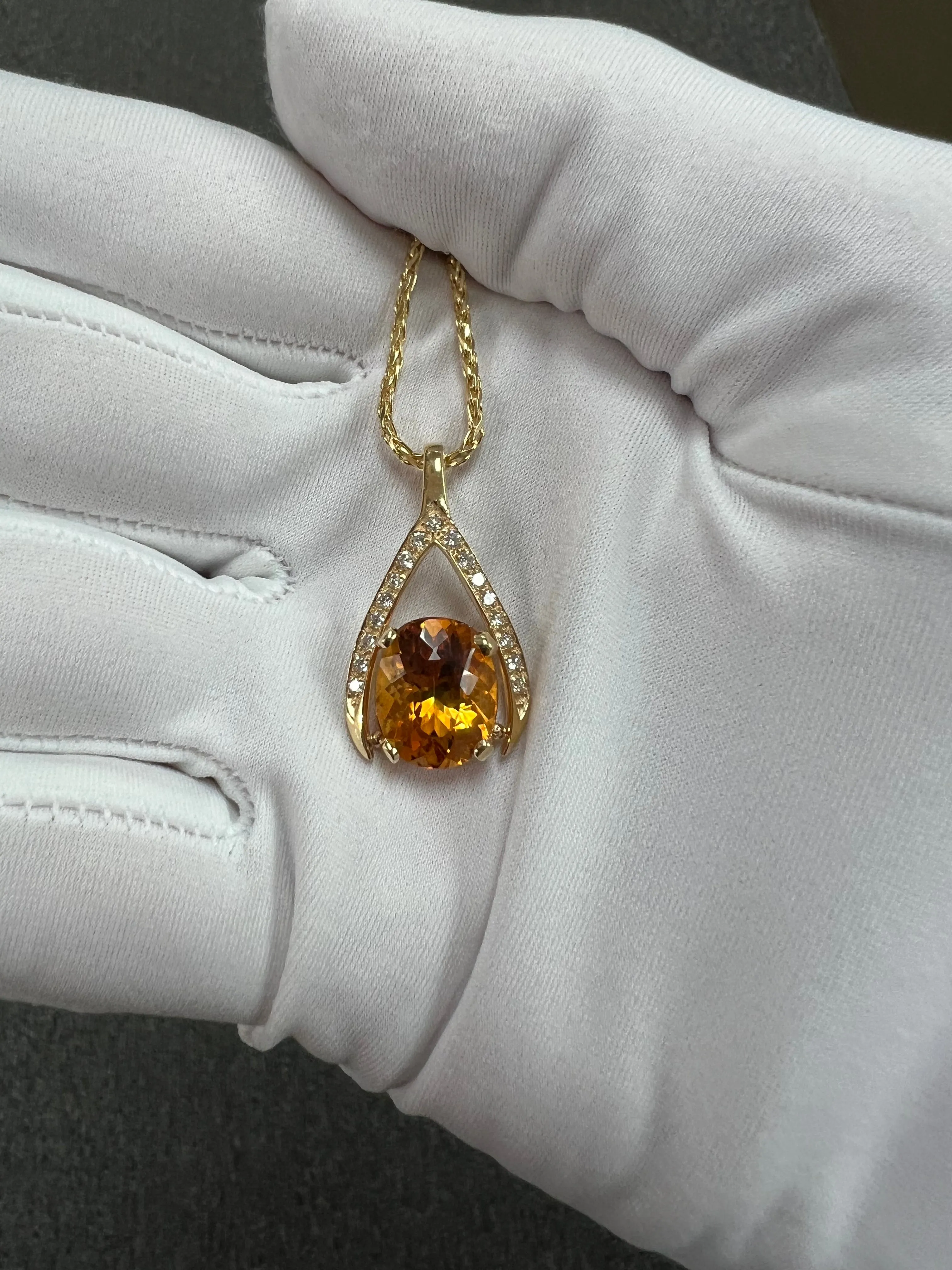 Citrine Diamond Yellow Gold Wishbone Pendant Necklace