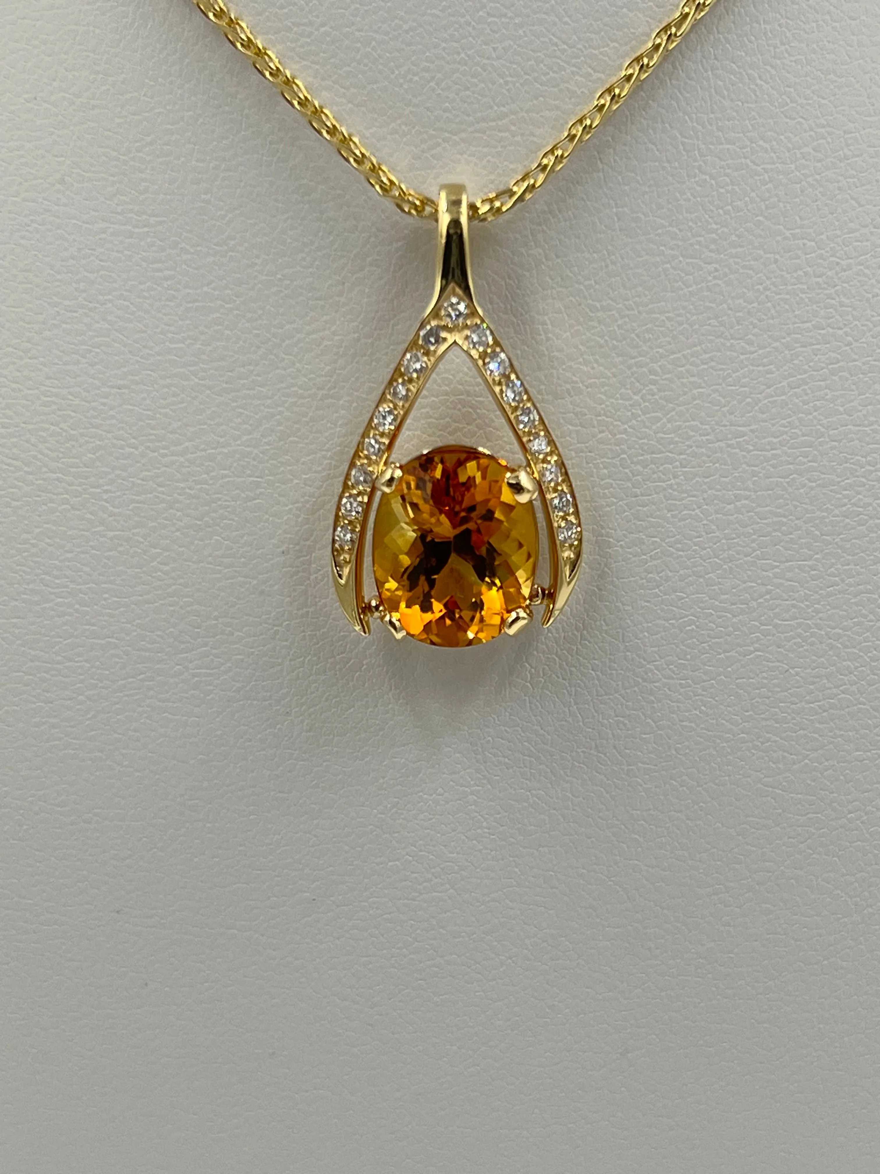 Citrine Diamond Yellow Gold Wishbone Pendant Necklace