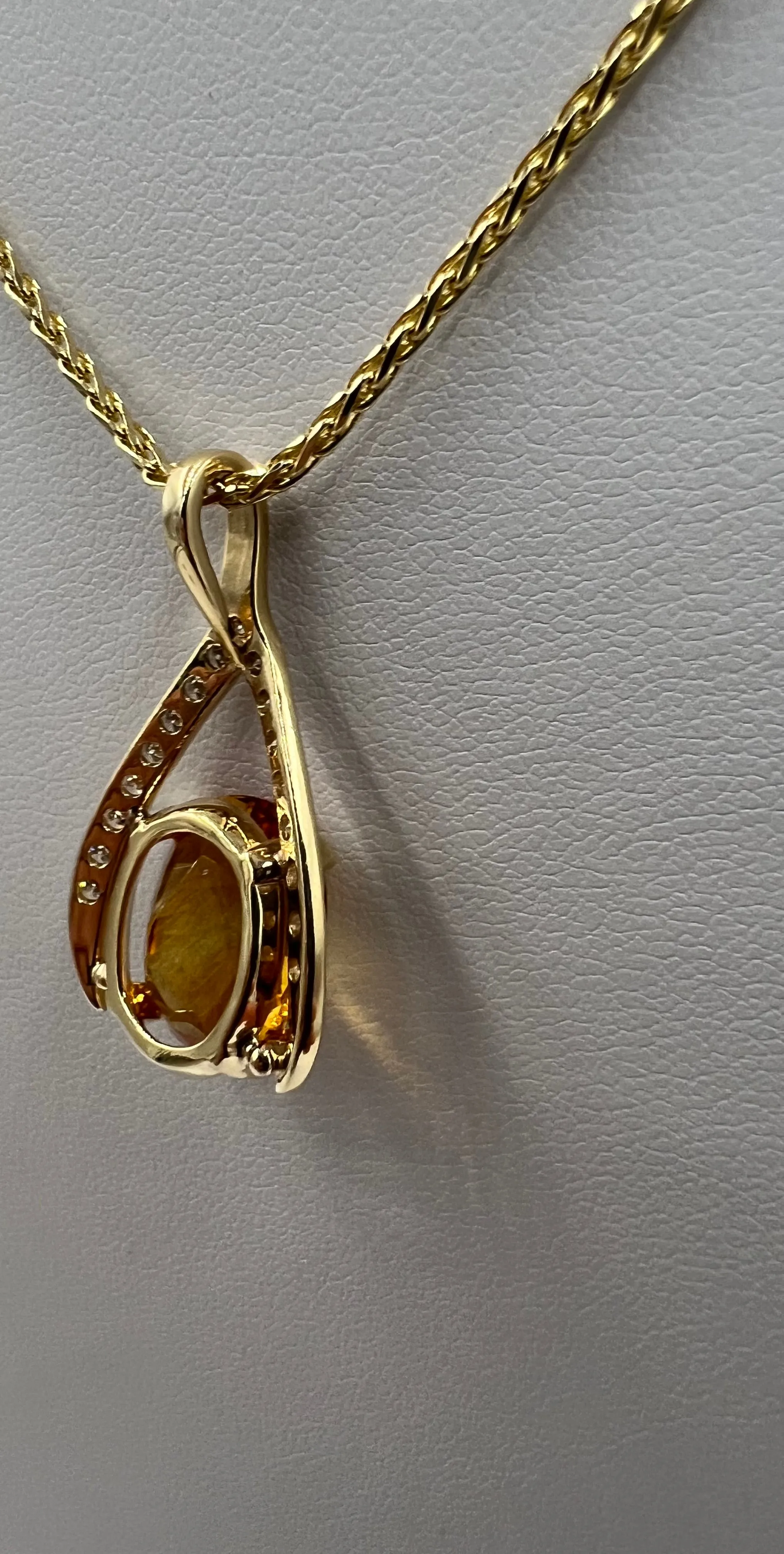 Citrine Diamond Yellow Gold Wishbone Pendant Necklace