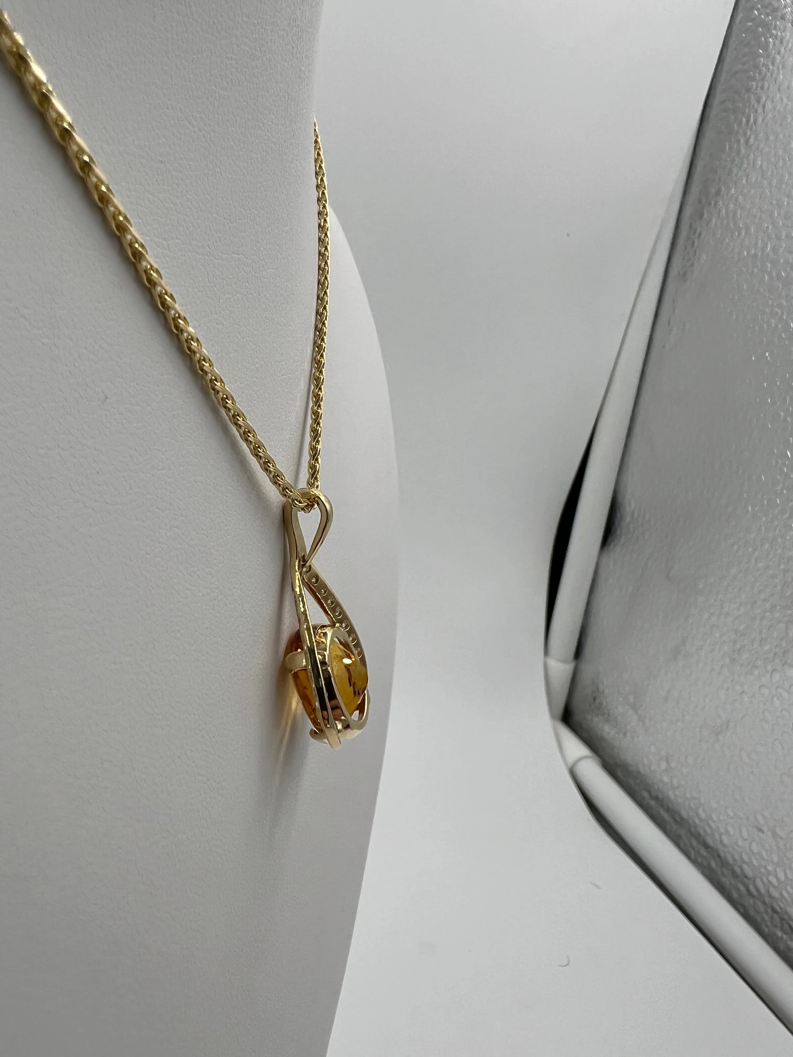 Citrine Diamond Yellow Gold Wishbone Pendant Necklace
