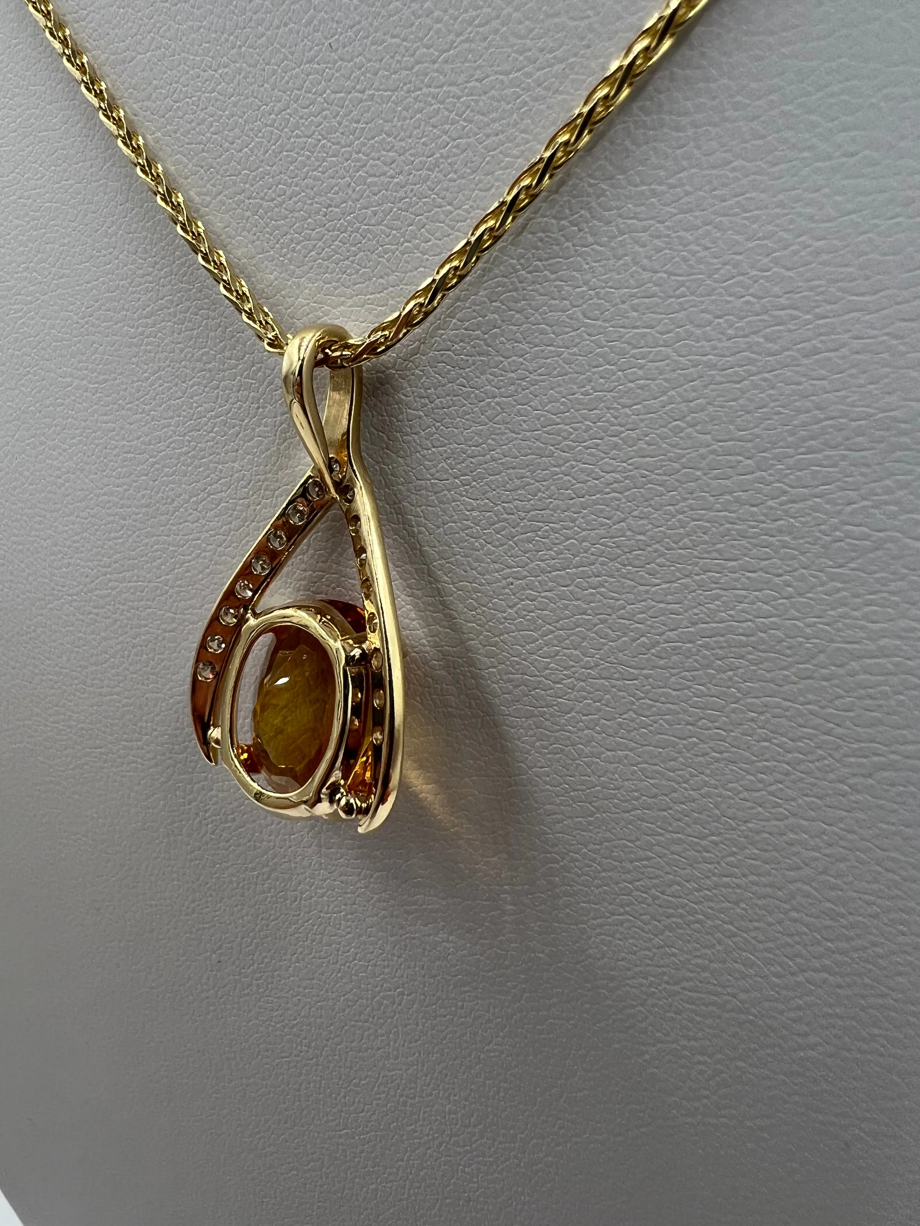 Citrine Diamond Yellow Gold Wishbone Pendant Necklace