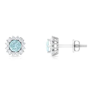 Classic Sky Blue Topaz Stud Earrings with Diamond Halo