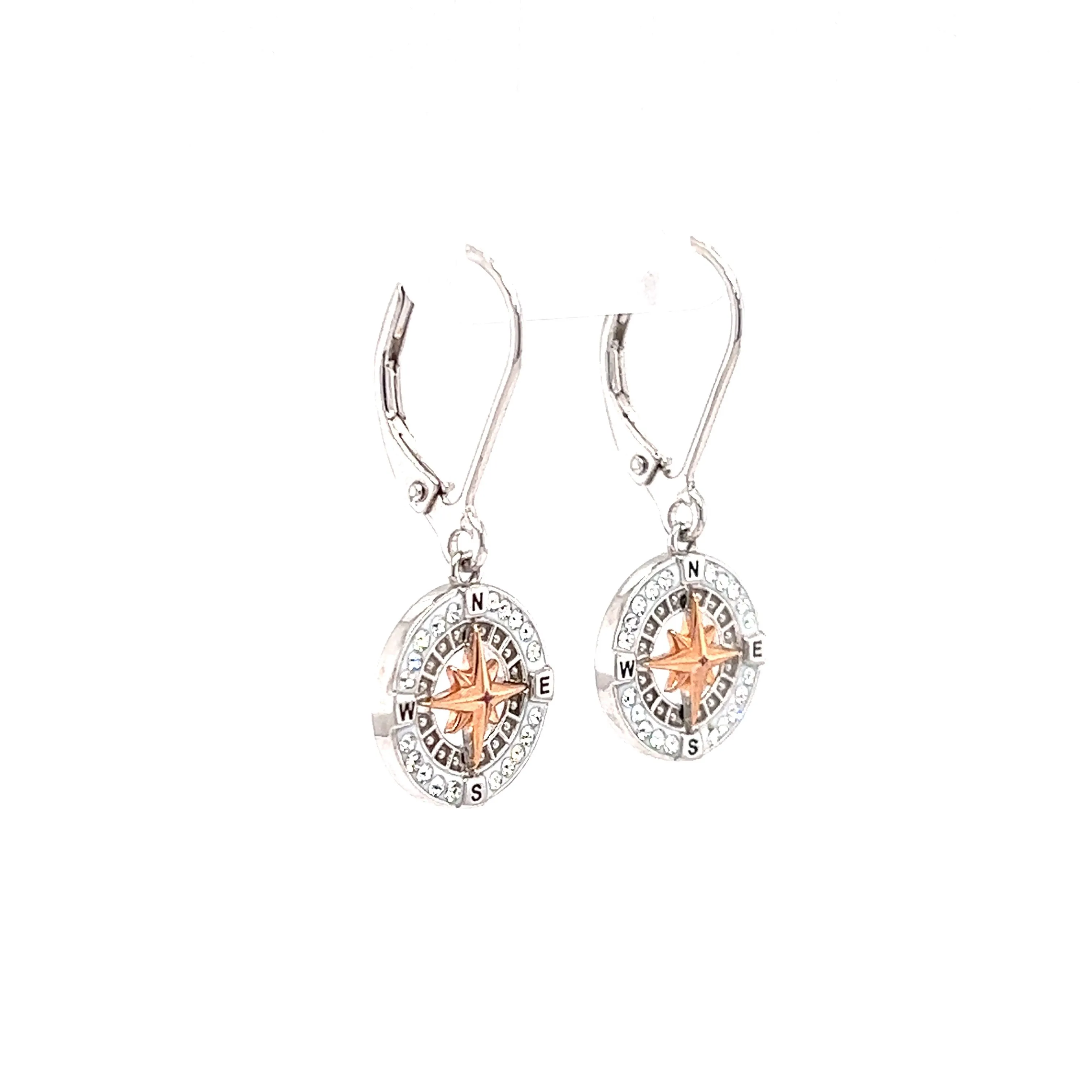 Compass Dangle Earrings with Rose Plated Rose and White Crystals in Sterling Silver