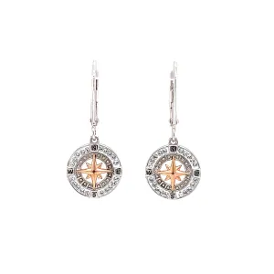 Compass Dangle Earrings with Rose Plated Rose and White Crystals in Sterling Silver