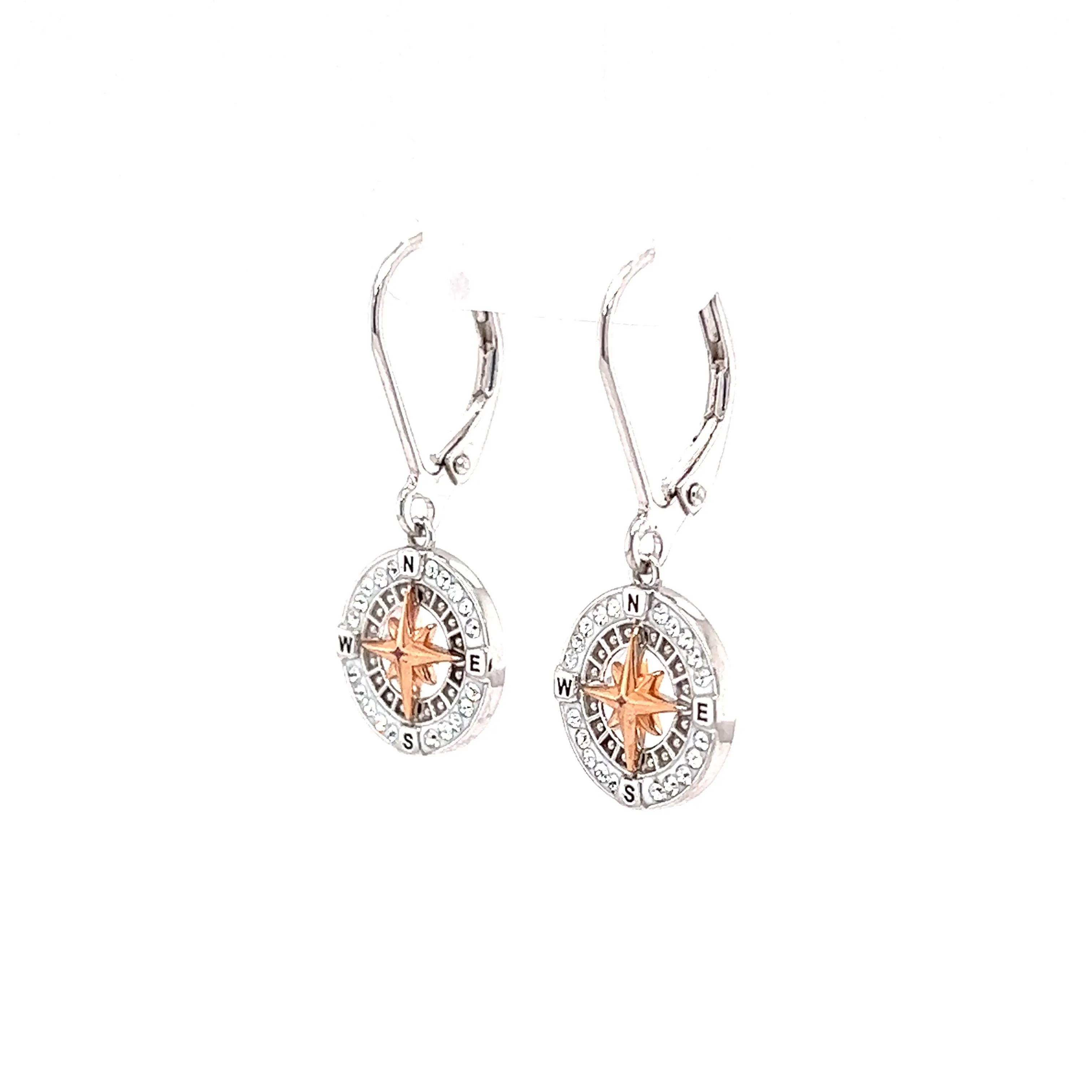 Compass Dangle Earrings with Rose Plated Rose and White Crystals in Sterling Silver
