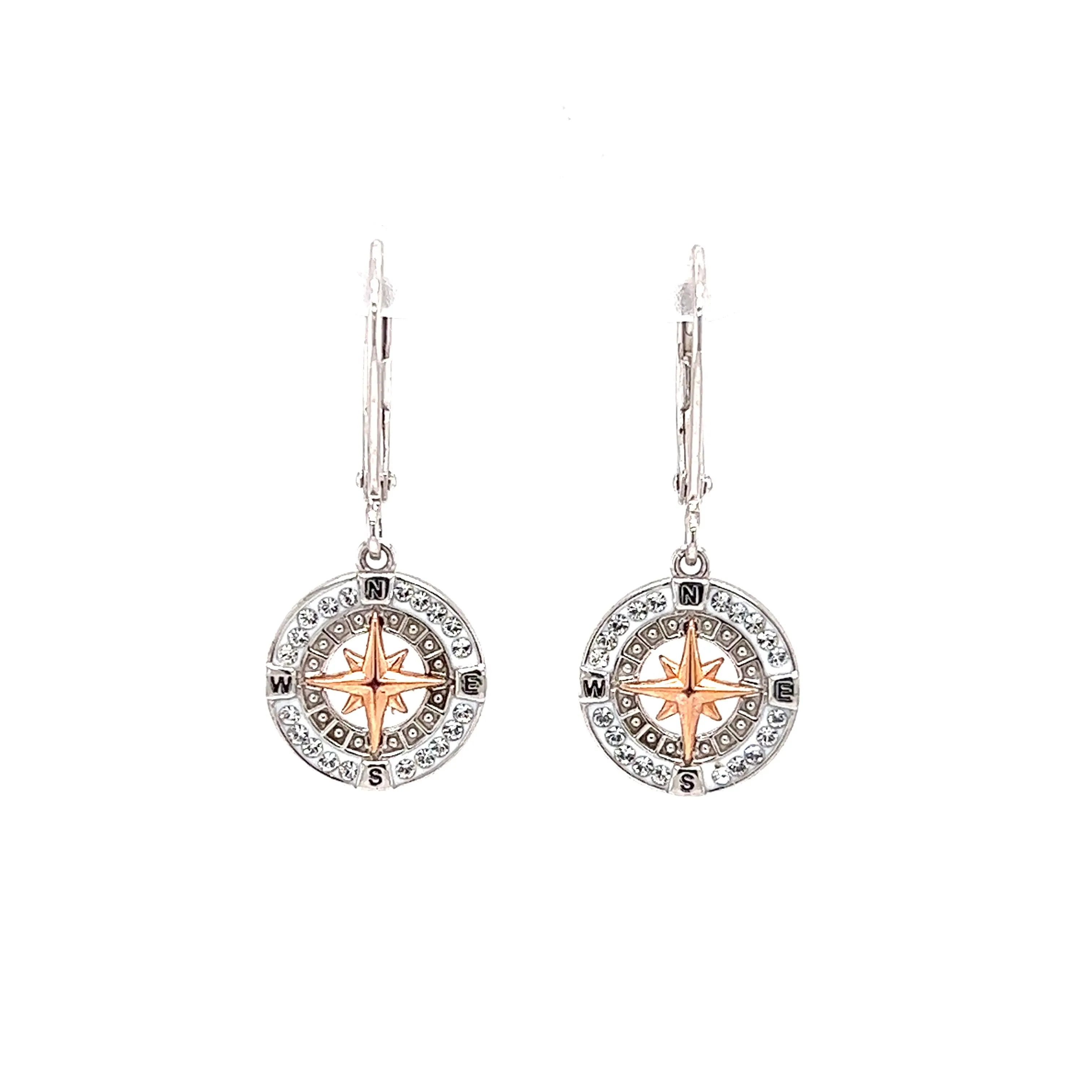 Compass Dangle Earrings with Rose Plated Rose and White Crystals in Sterling Silver