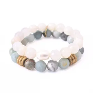 Cream Moonstone Crystal Bracelet with a Pearl   Amazonite Bracelet with Gold Rings
