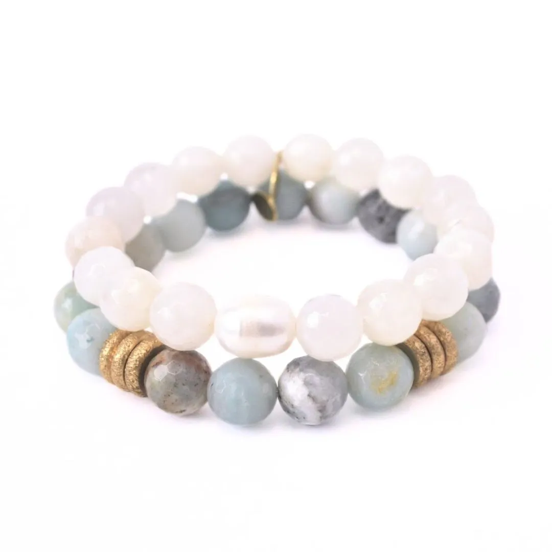 Cream Moonstone Crystal Bracelet with a Pearl   Amazonite Bracelet with Gold Rings