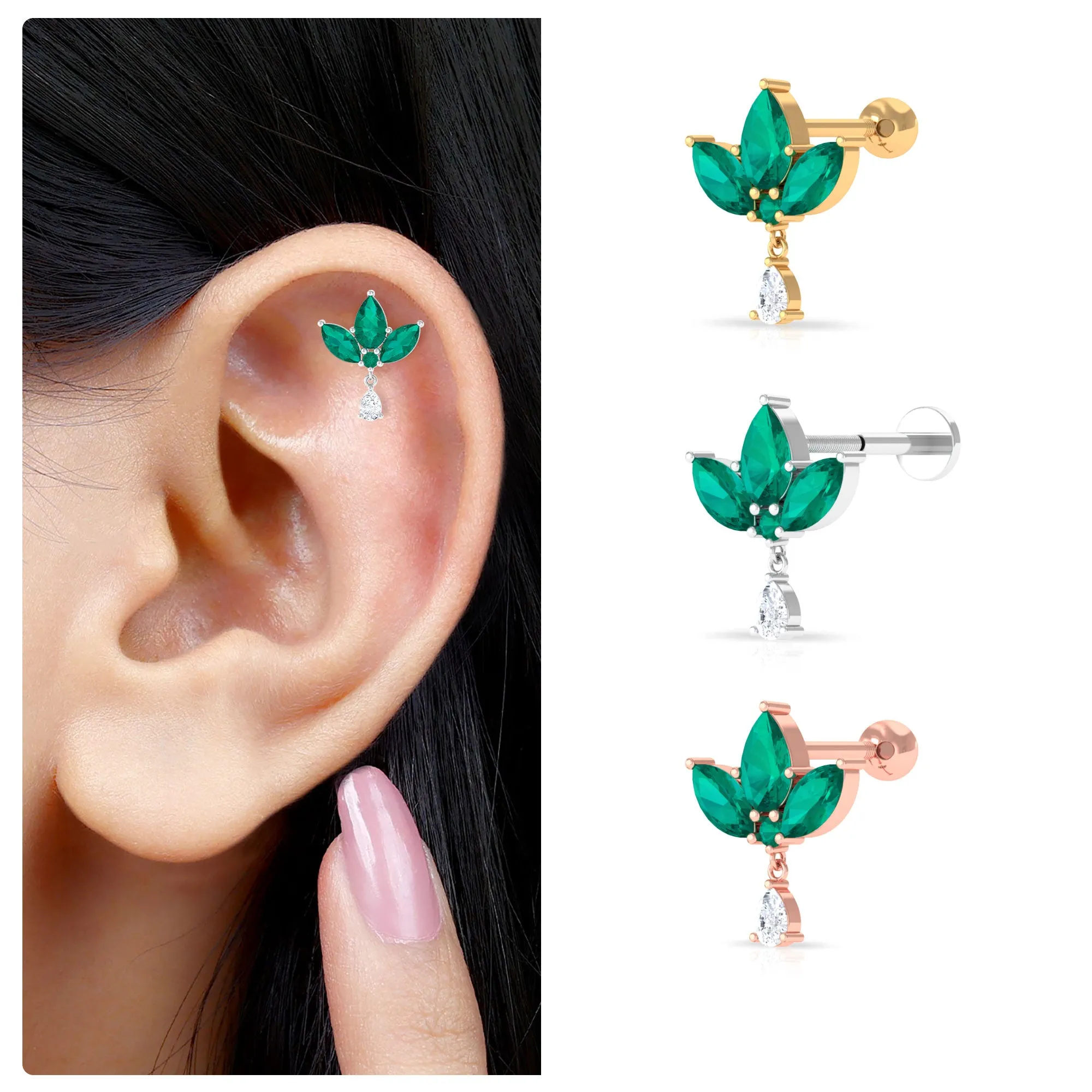 Created Emerald Flower Earring with Teardrop Moissanite