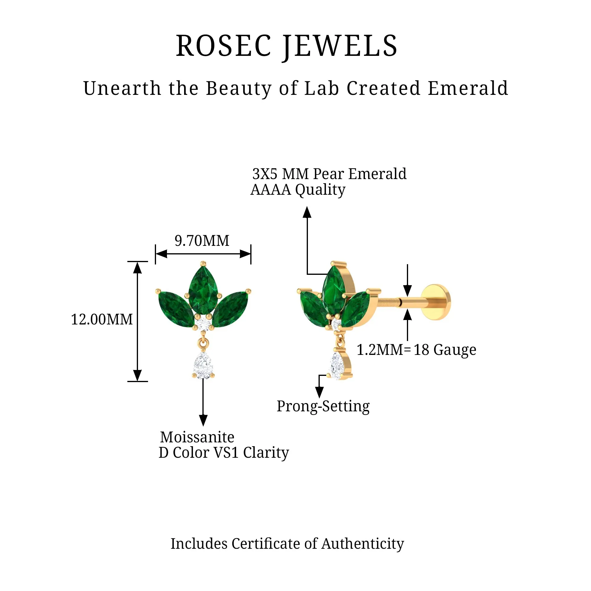Created Emerald Flower Earring with Teardrop Moissanite