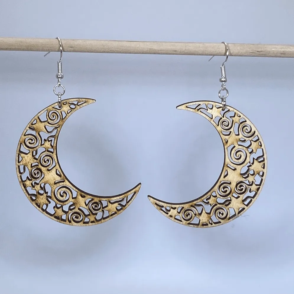 Crescent Moon Wooden Dangle Earrings by Cate's Concepts, LLC